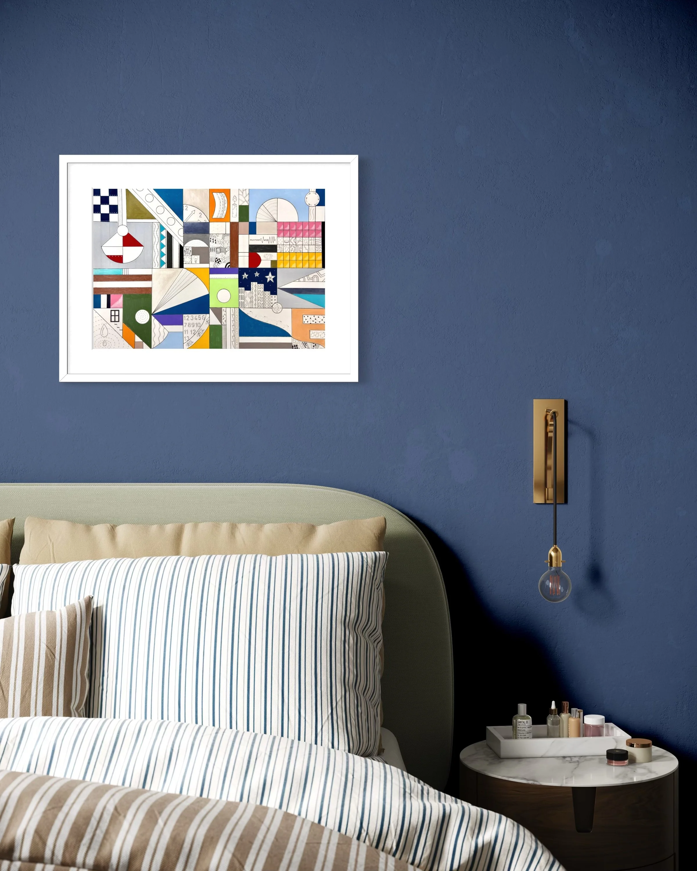 Night Mind, original mixed media abstract artwork on A2 paper featuring a structured composition with black ink borders, colour, pen doodles and symbolic motifs, displayed framed in a modern interior.