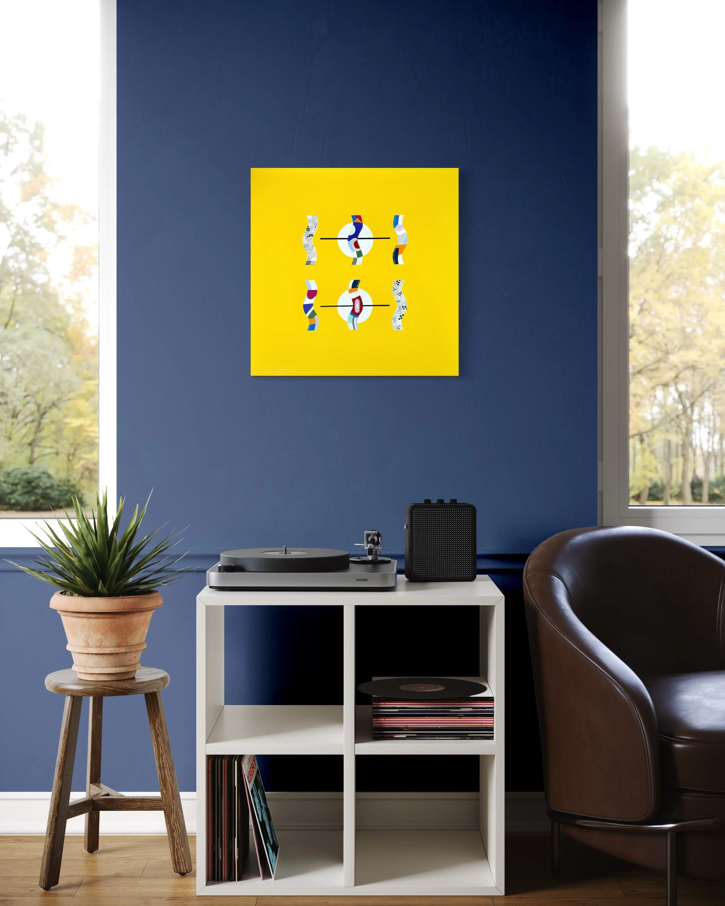 Flow State Two, original mixed media abstract on canvas with a bright yellow background, displayed in a modern living room with a blue wall.