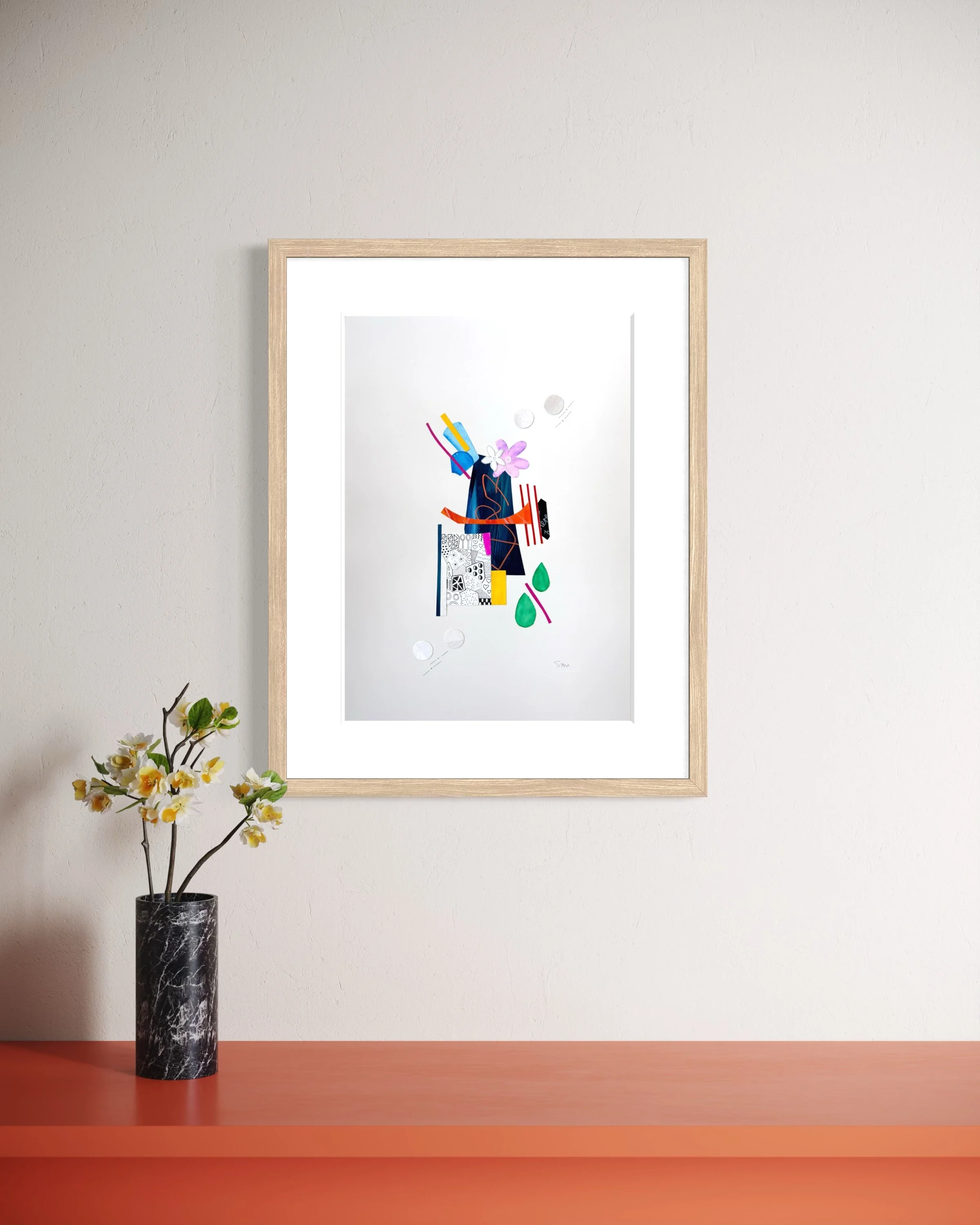 Bright Interruption, original mixed media collage on A3 paper featuring layered fragments, expressive marks, and bold abstract colour, and displayed framed in a modern interior.