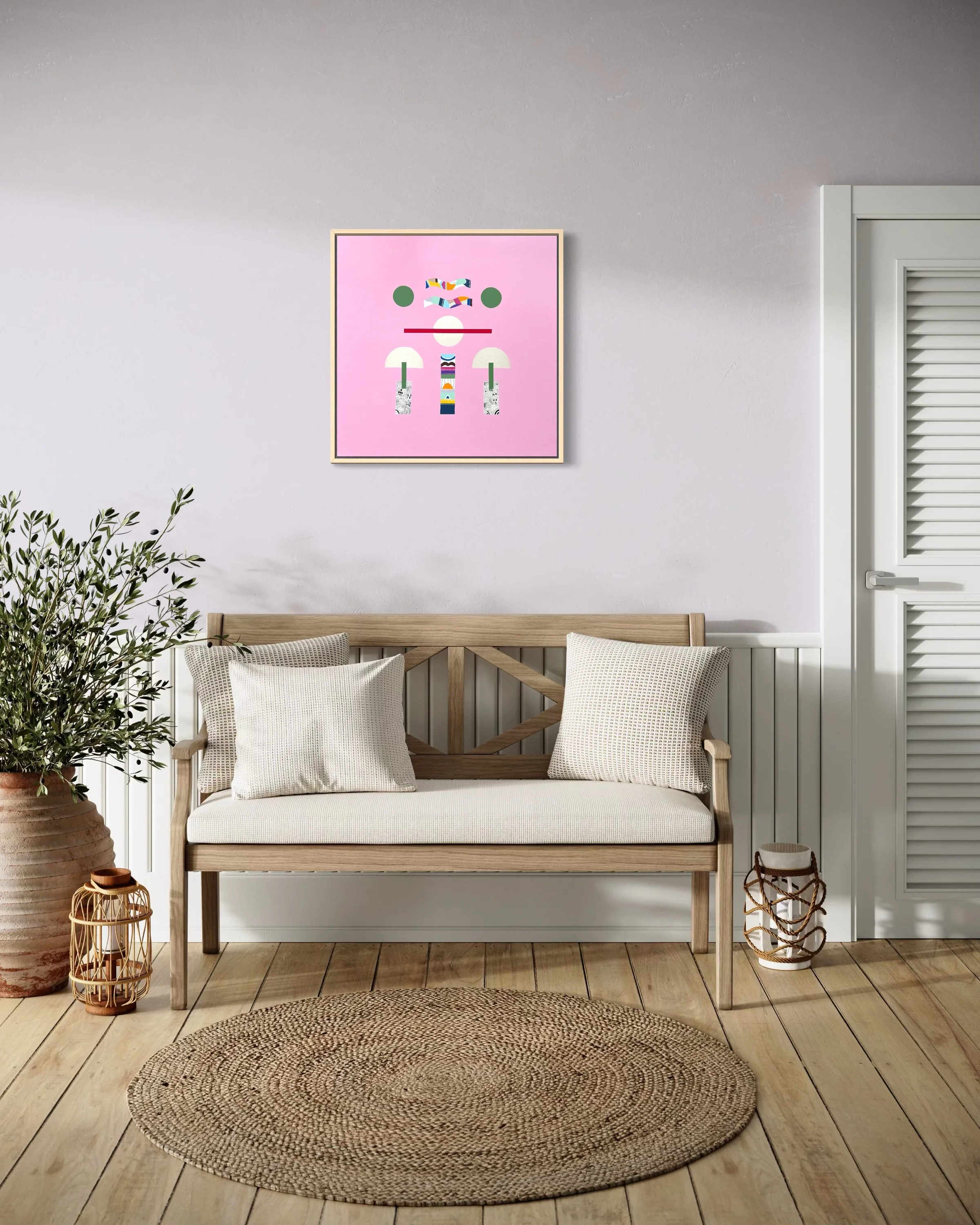 At Cruising Altitude, original mixed media abstract on canvas with a pink background, displayed in a modern living room.