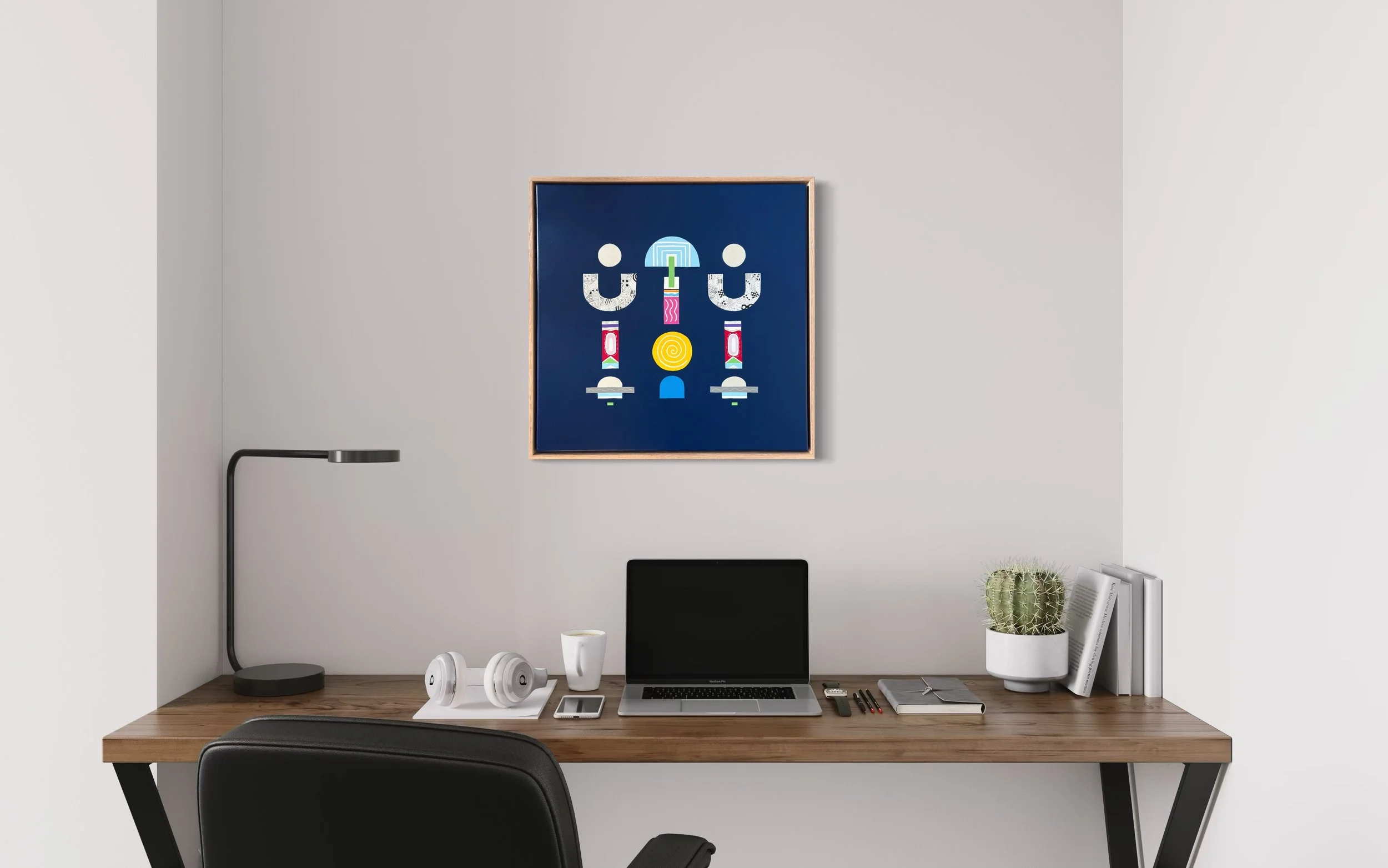 Upward Turn, original abstract artwork on canvas, geometric forms on a blue background, displayed above a modern desk.