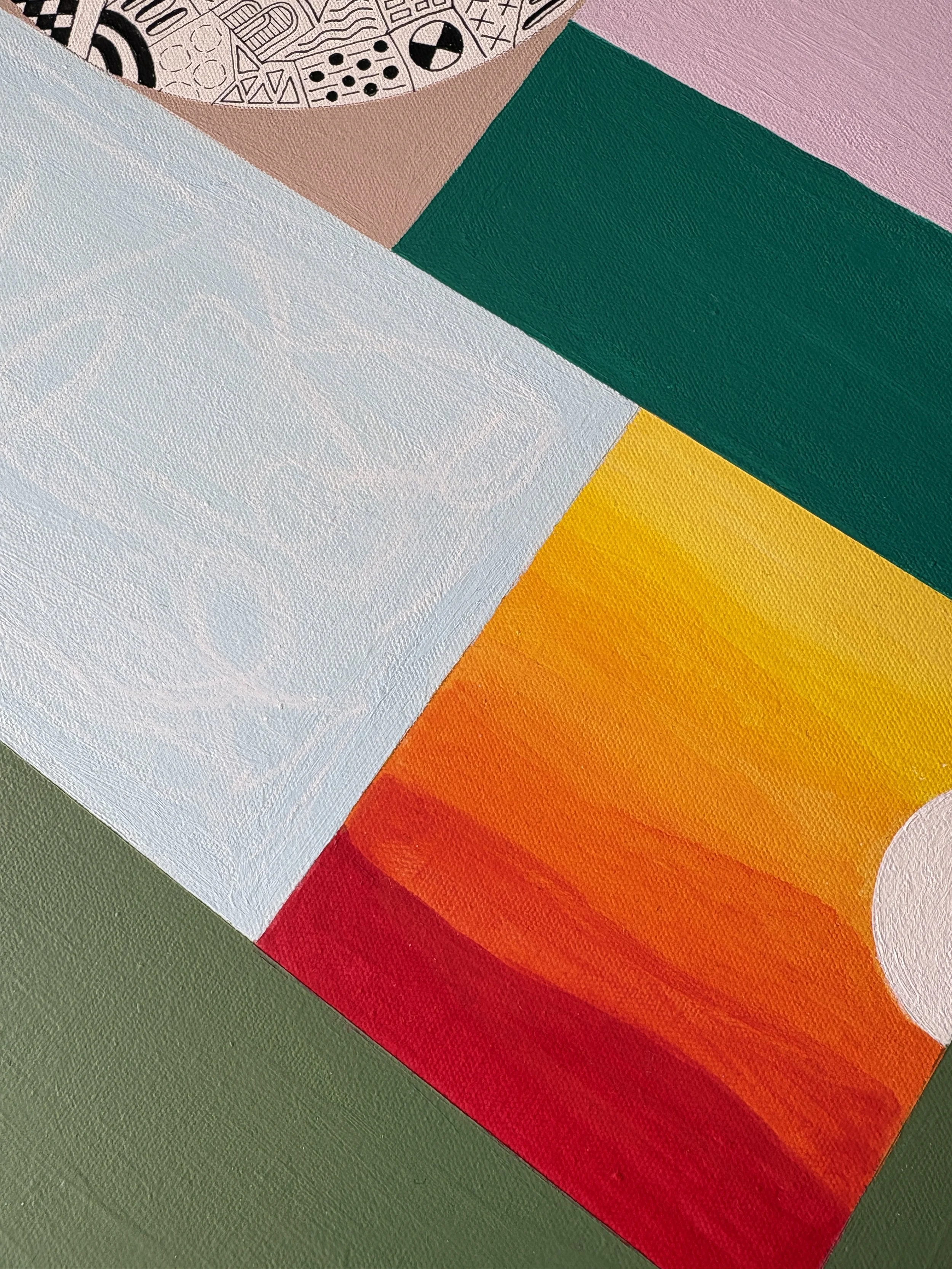 Close-up detail of Tomorrow, original mixed media abstract artwork featuring contrasting colours, structured sections and playful marks.