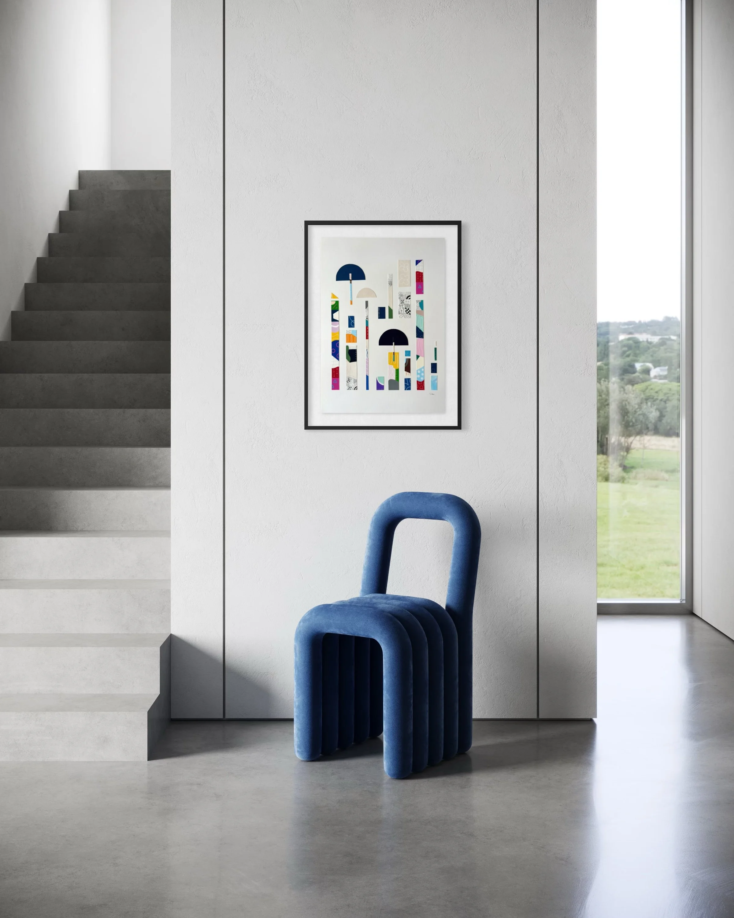 Between Play and Order, original mixed media on A2 paper with geometric and abstract forms, colour, pattern, and hand-drawn marks, styled in a modern interior.