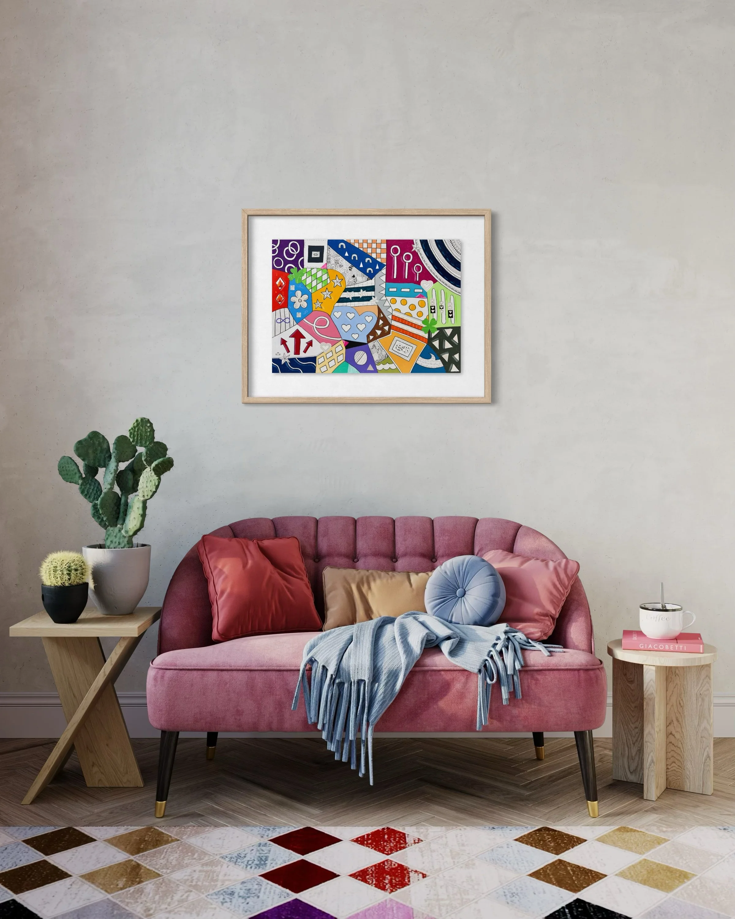 A2 mixed media artwork titled Devotion and Chance, colourful abstract composition displayed framed above a sofa in a modern living room.