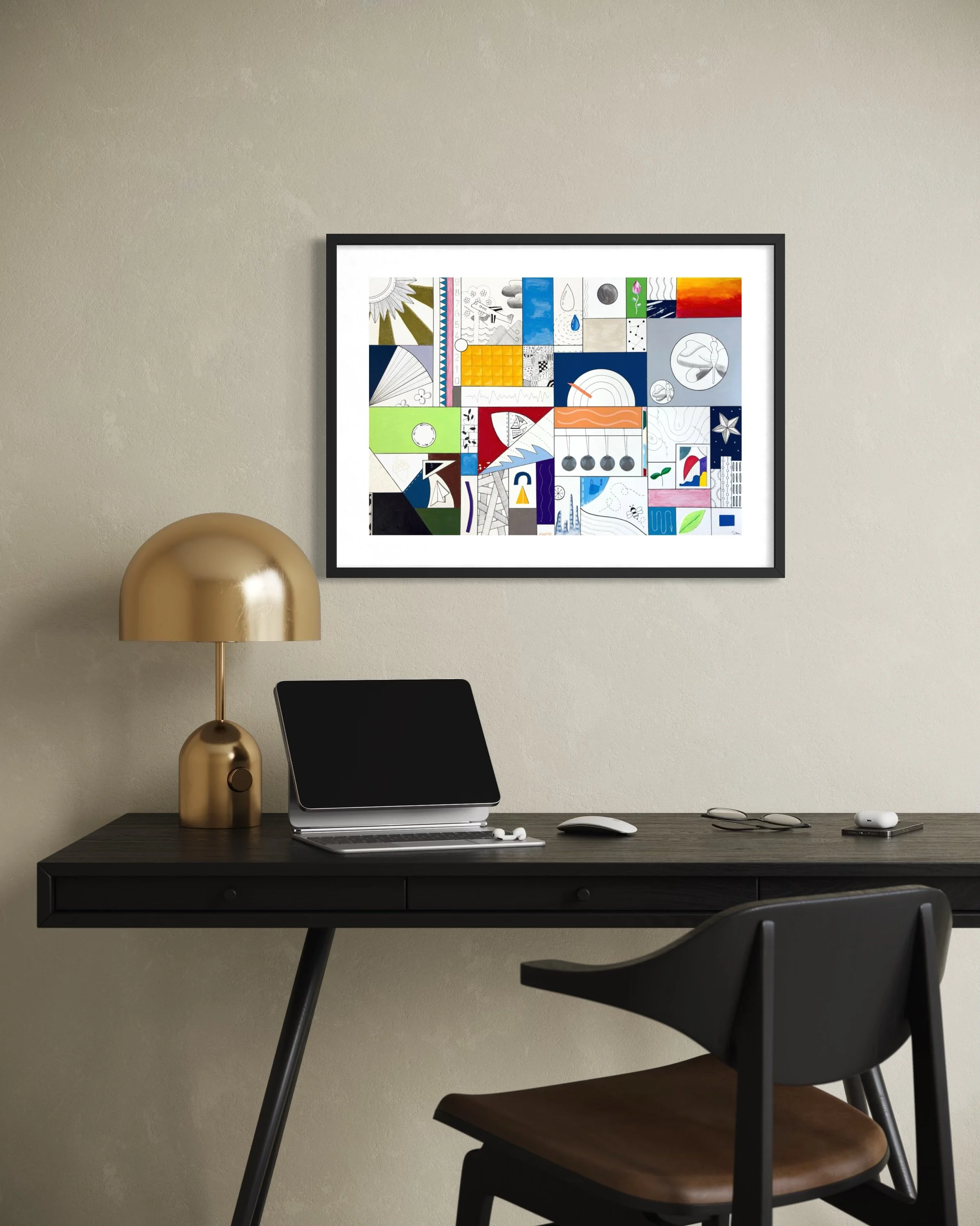 Conditions Within, original mixed media abstract artwork on A2 paper featuring black ink borders, colour, pen drawings and symbolic motifs, displayed framed in a modern interior.