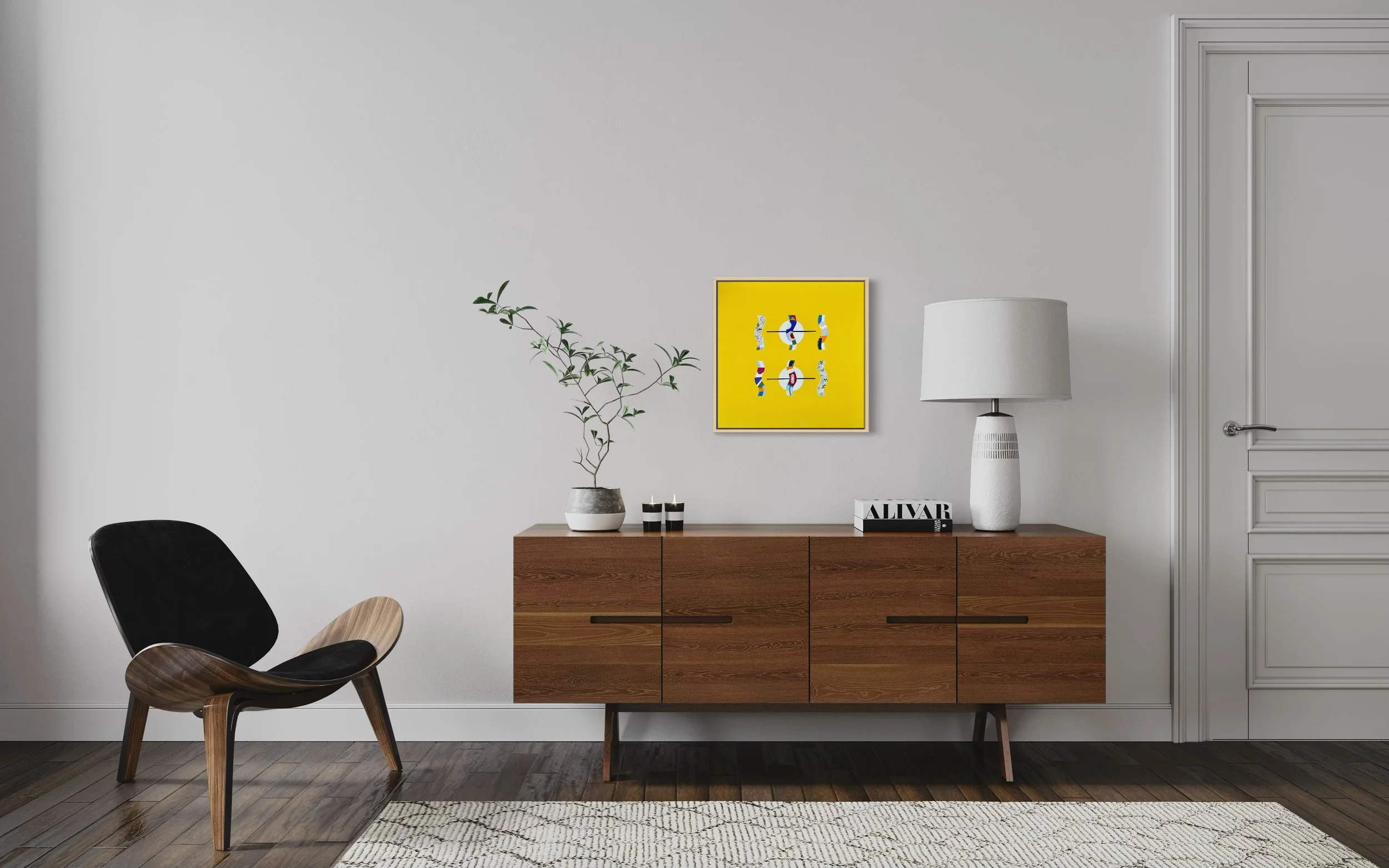 Flow State Two, original mixed media abstract on canvas with a bright yellow background, displayed in a modern living room.