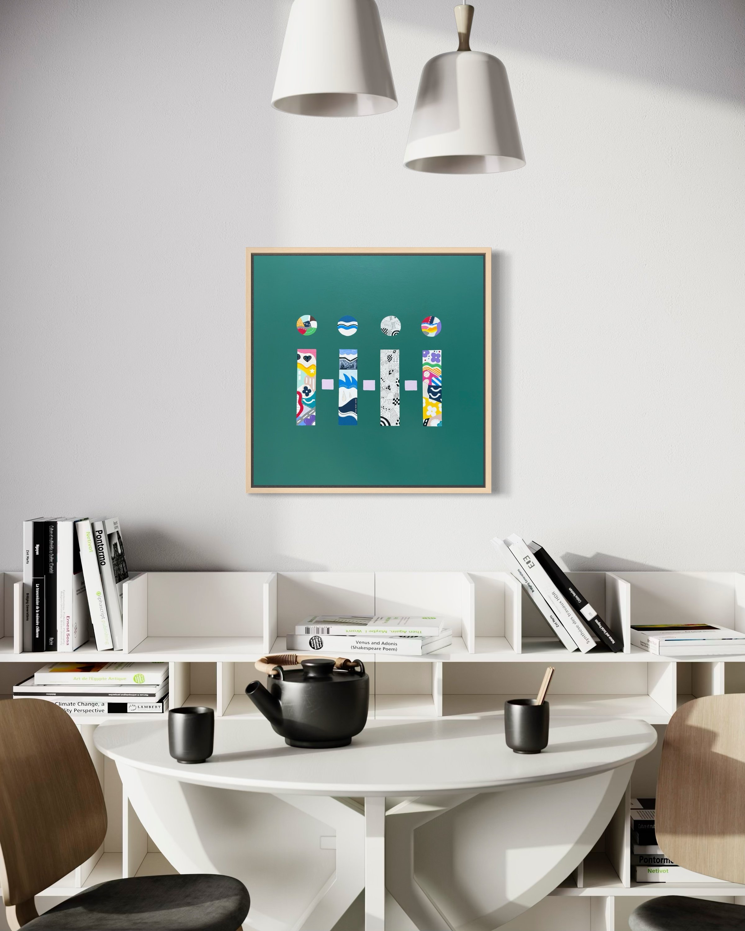 Being There, original mixed media abstract on canvas with a green background, displayed framed in a modern room above a white bookshelf.