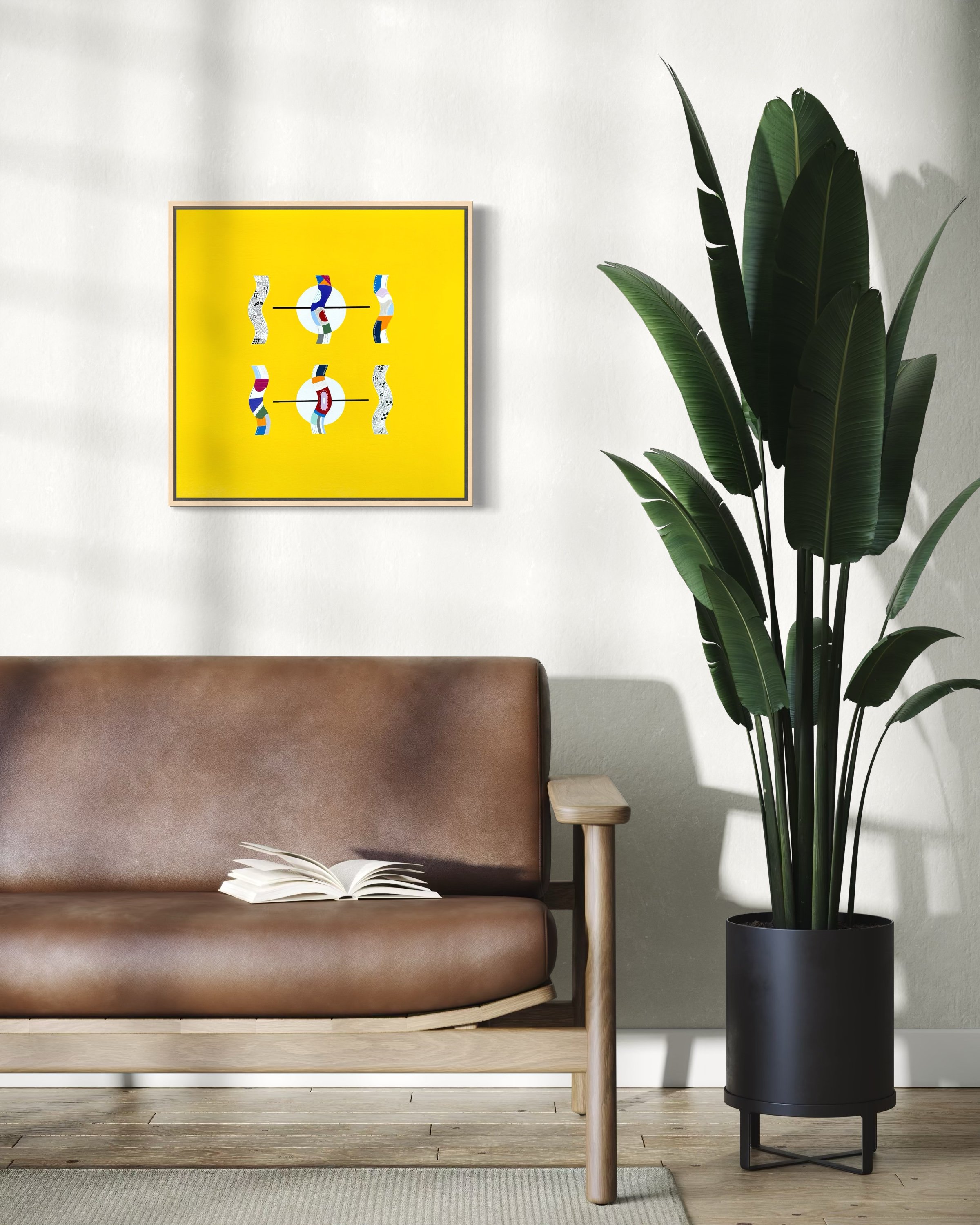 Flow State Two, original mixed media abstract on canvas with a bright yellow background, displayed in a modern living room.