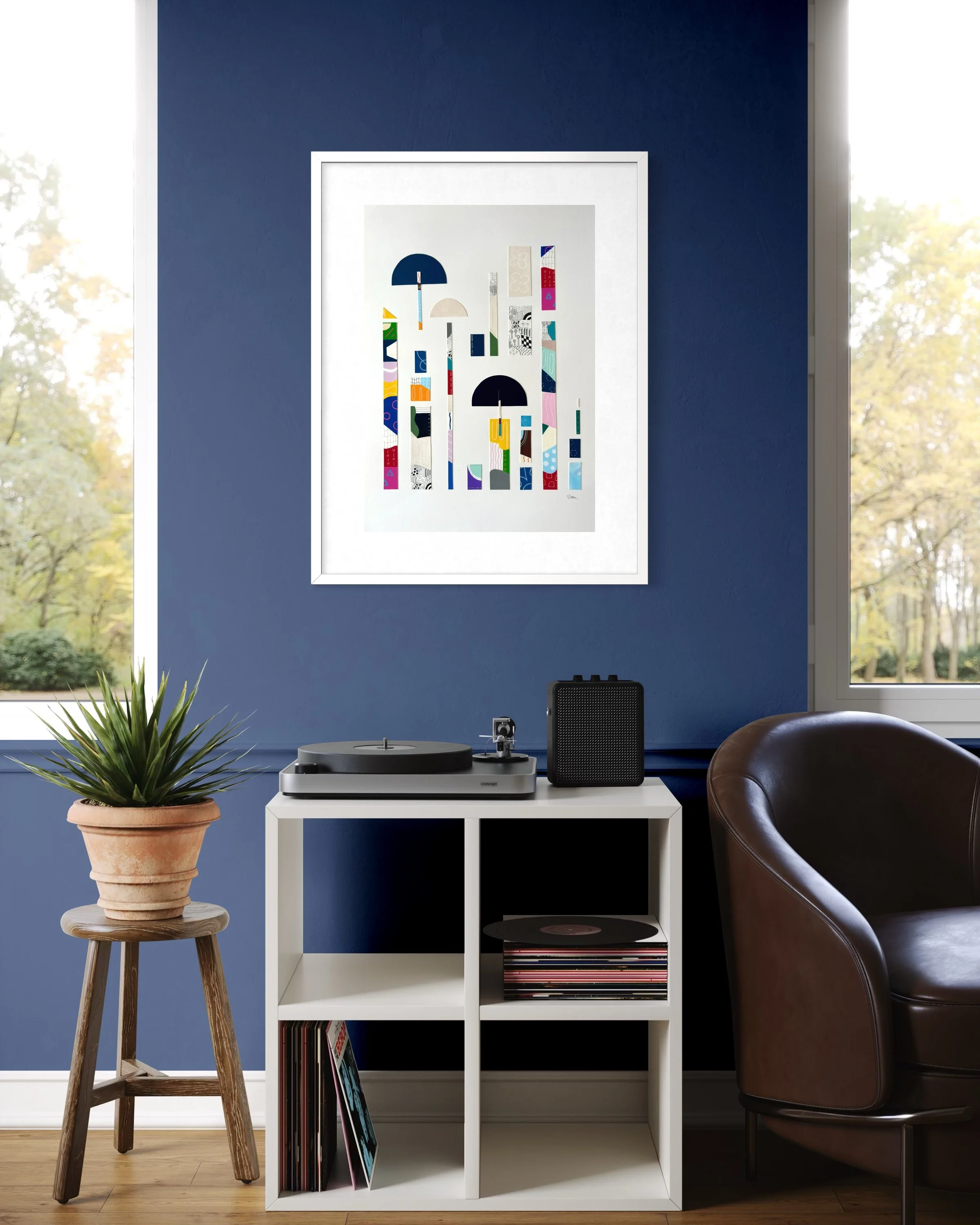 Between Play and Order, original mixed media on A2 paper with geometric and abstract forms, colour, pattern, and hand-drawn marks, styled in a modern interior.