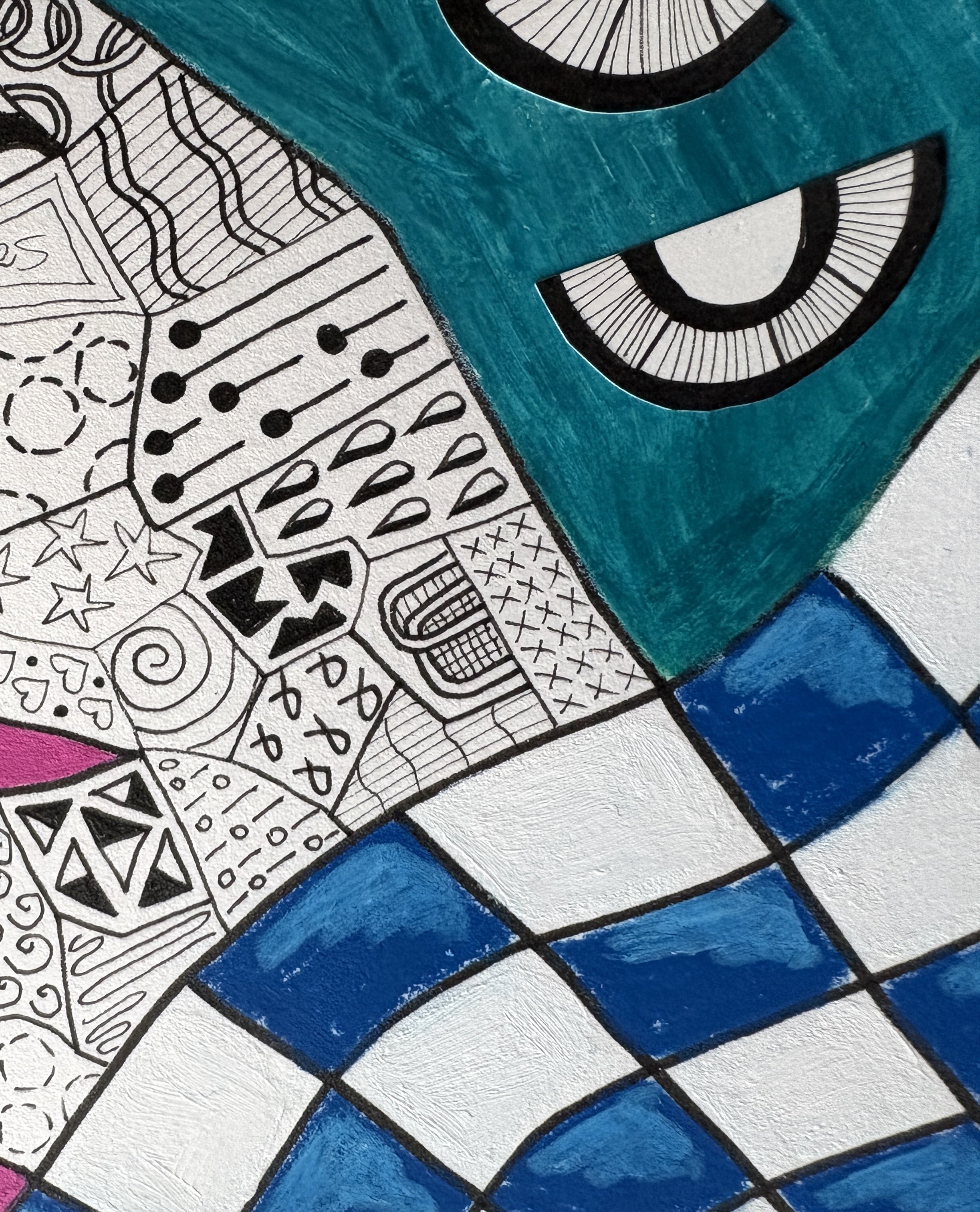 Close-up detail of Dancing In The Car Yard, original mixed media artwork featuring bold oil pastel, acrylic paint, pen doodles, patterned forms and vibrant colour.