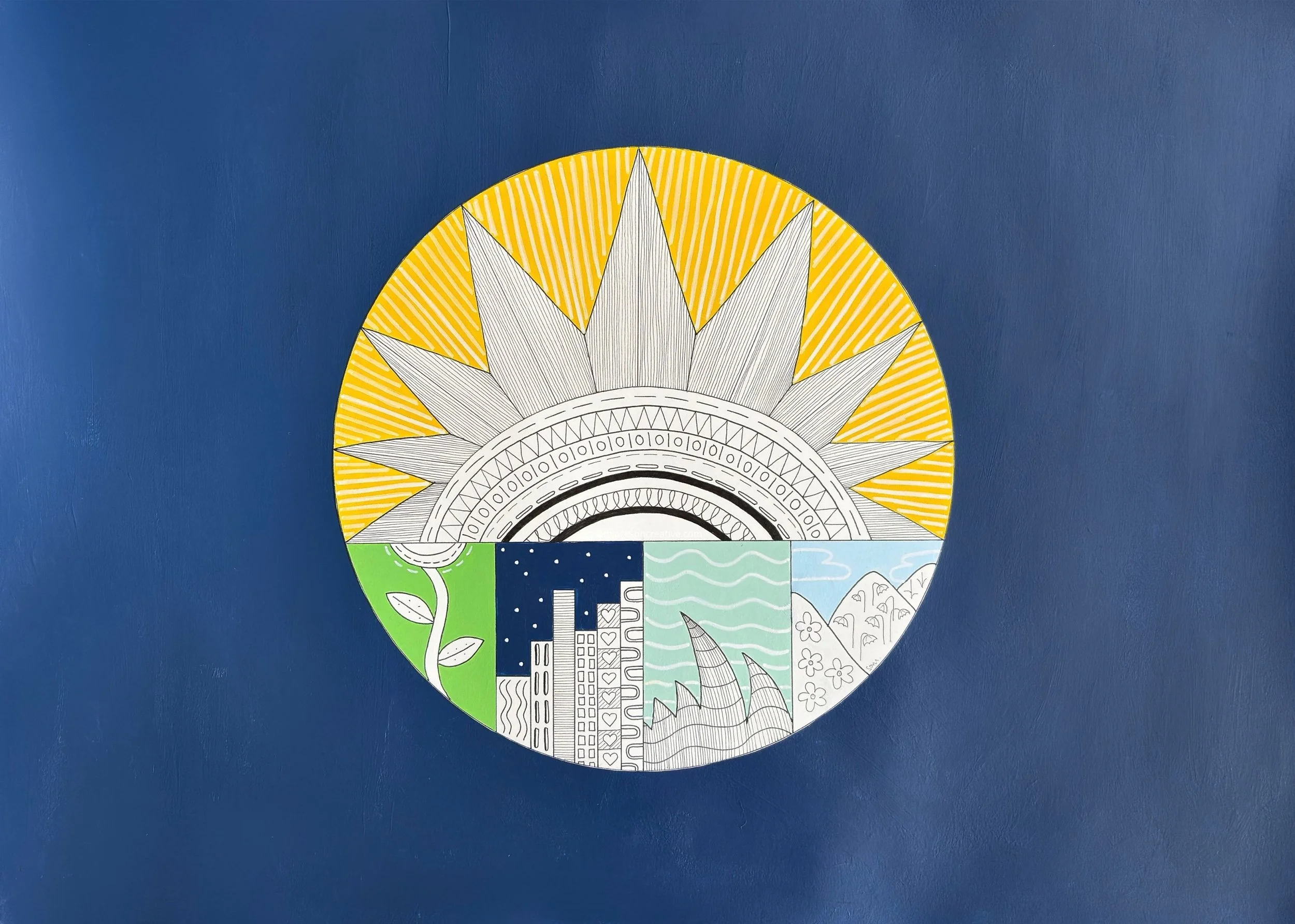 Held By The Light by Sam Jackson, pen, posca marker, and acrylic paint, mounted on acrylic-painted paper.