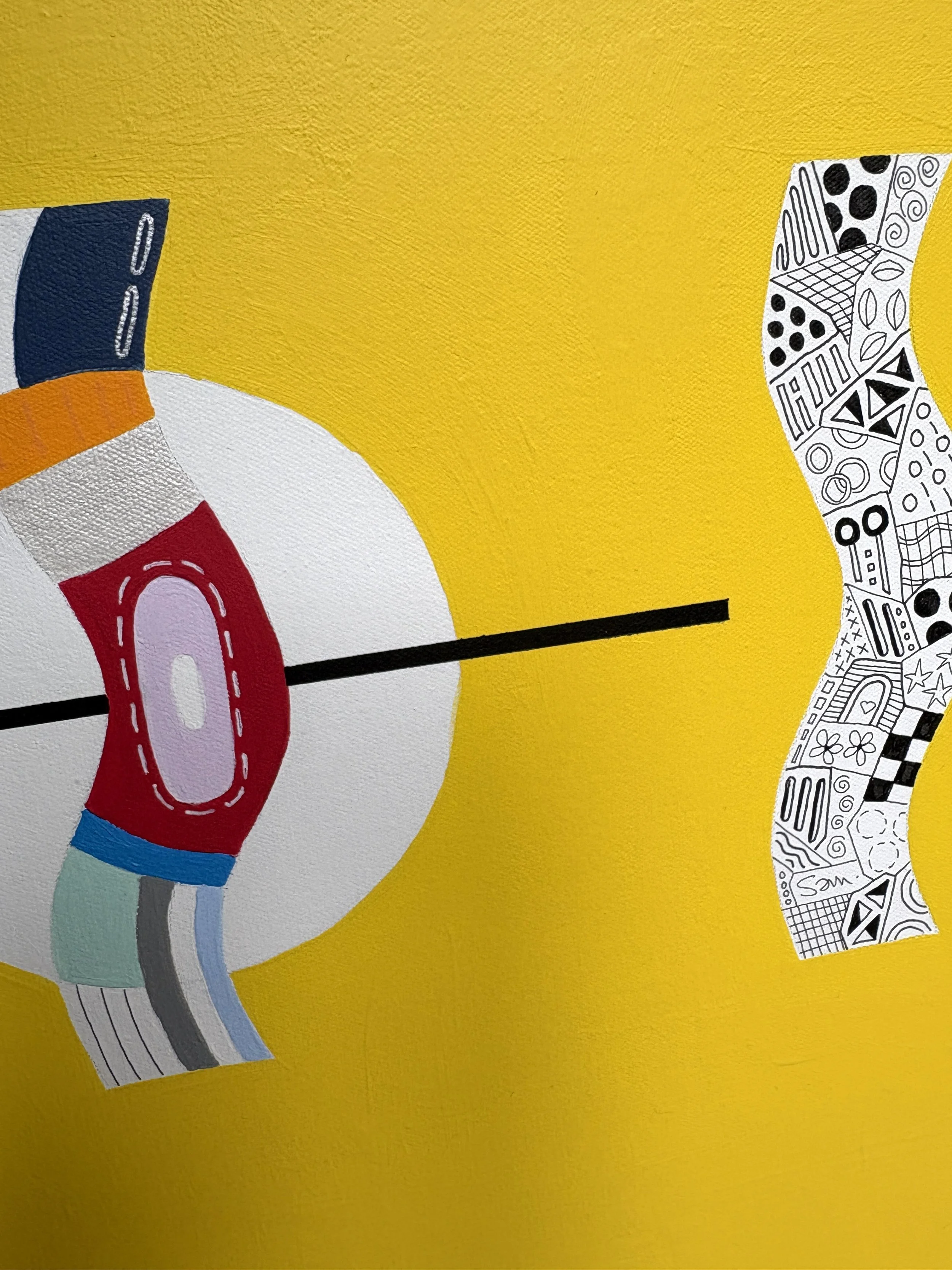 Flow State Two, original mixed media abstract on canvas with a bright yellow background, close-up detail.