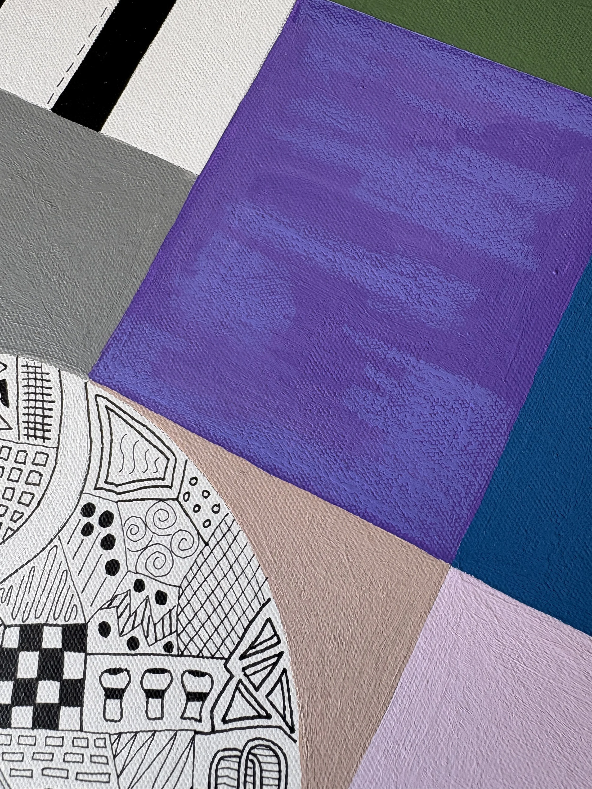 Close-up detail of Tomorrow, original mixed media abstract artwork featuring contrasting colours, structured sections and playful marks.