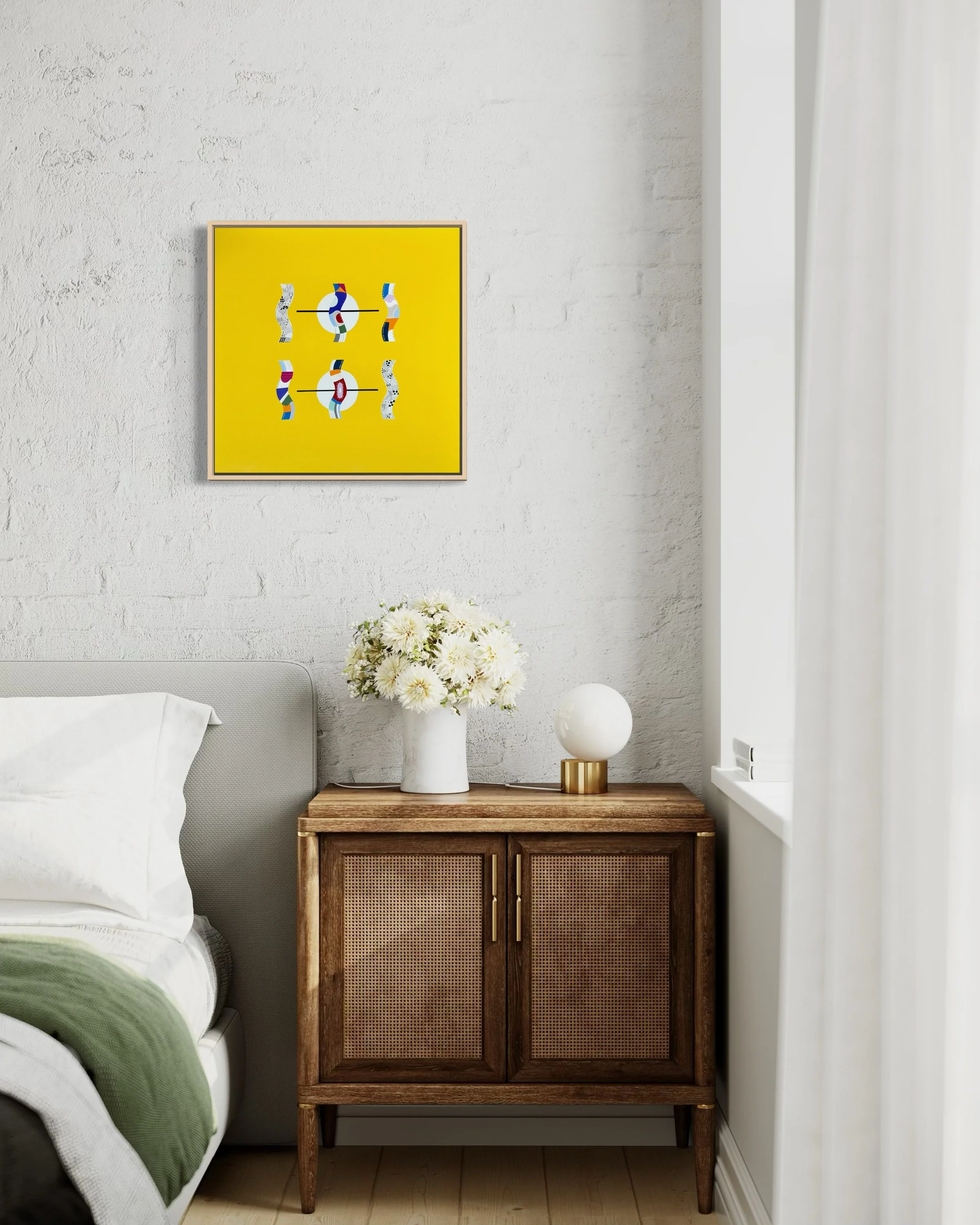 Flow State Two, original mixed media abstract on canvas with a bright yellow background, displayed in a modern bedroom.