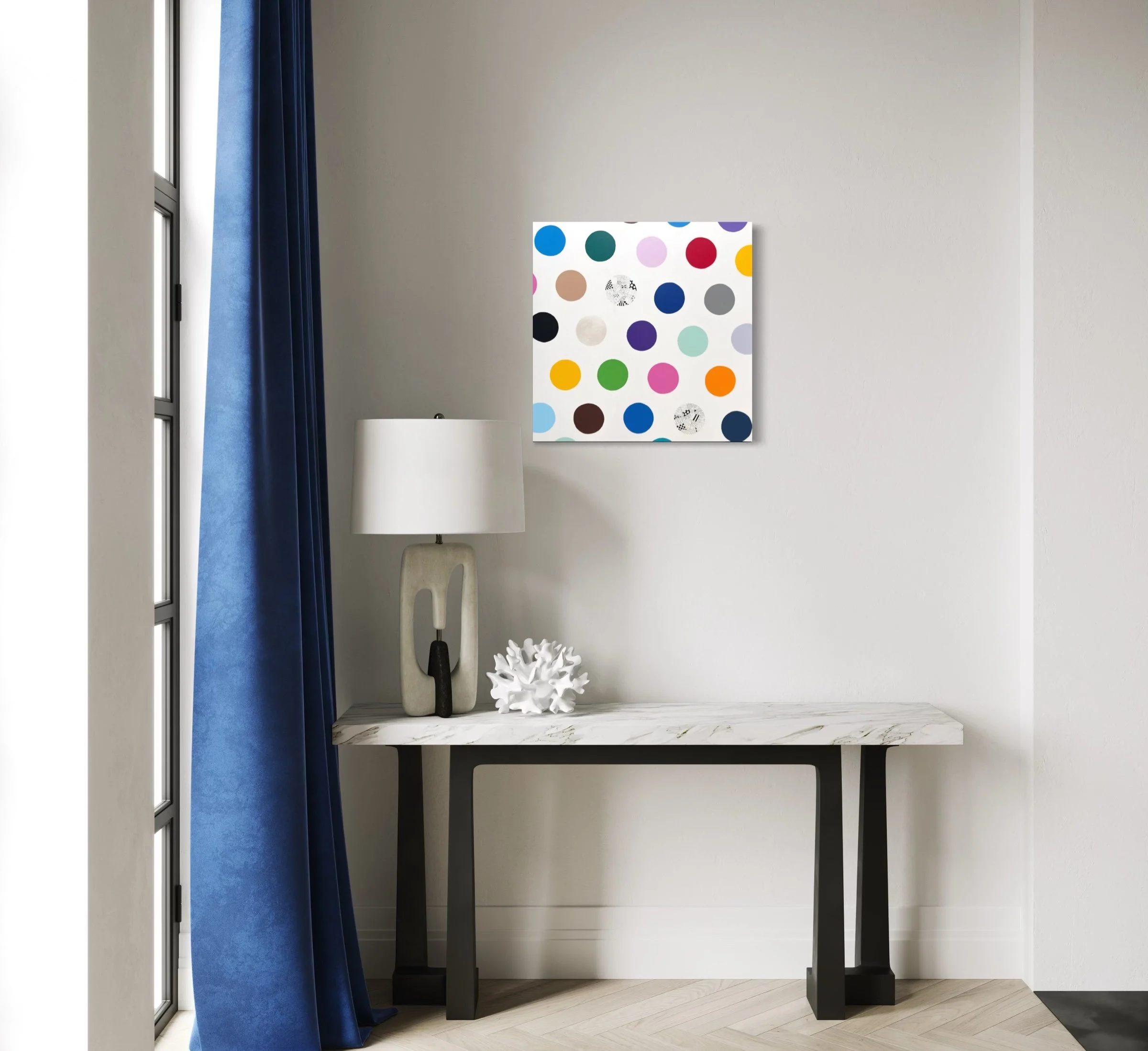 Spot The Happy Smile, original mixed media abstract on canvas with a white background and colourful spots, displayed in a modern living room on a wall above a table.