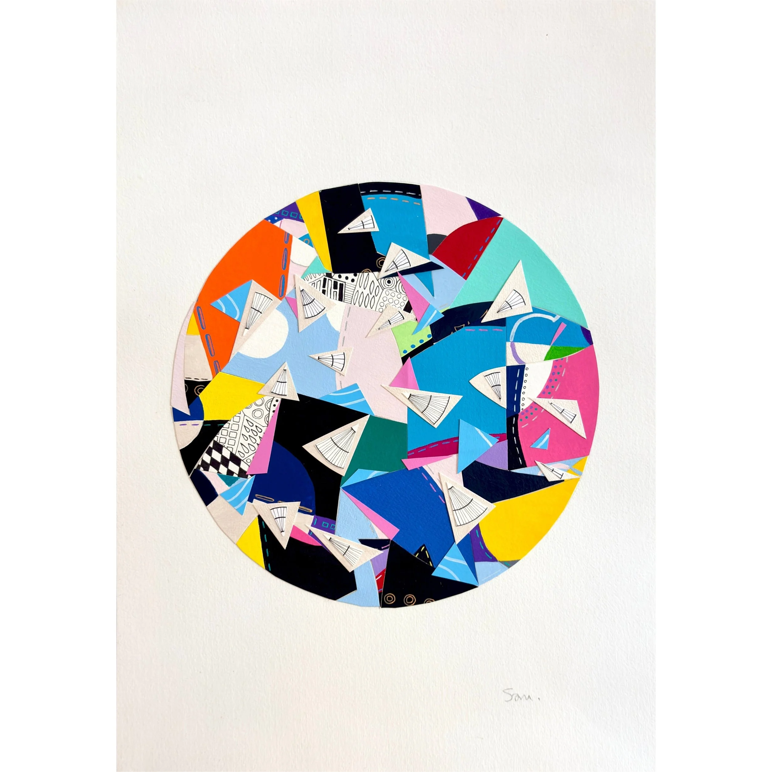A Restless Centre, A3 abstract mixed media collage with a circular centre of coloured fragments and triangular pen drawings suggesting movement and restless energy.