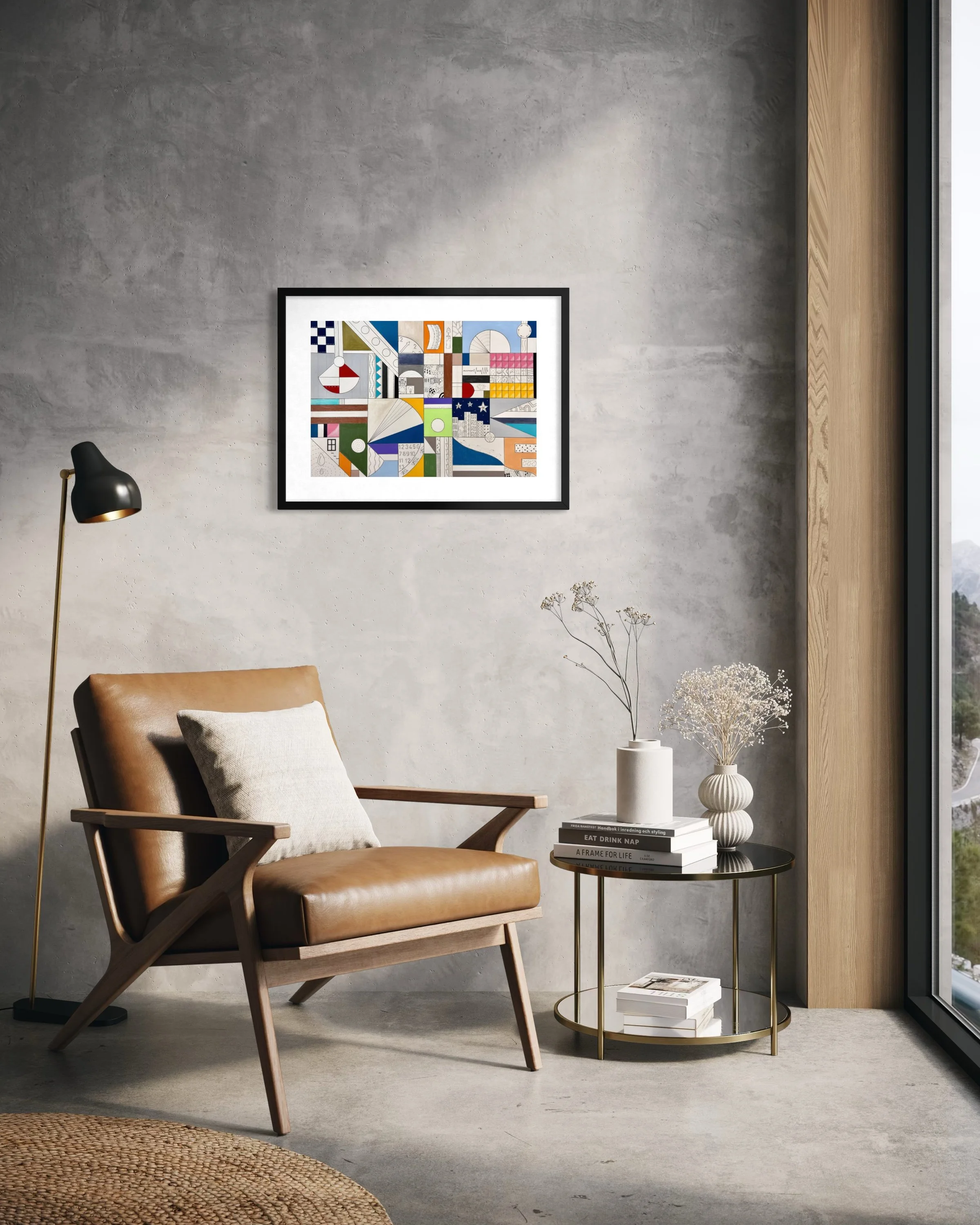 Night Mind, original mixed media abstract artwork on A2 paper featuring a structured composition with black ink borders, colour, pen doodles and symbolic motifs, displayed framed in a modern interior.