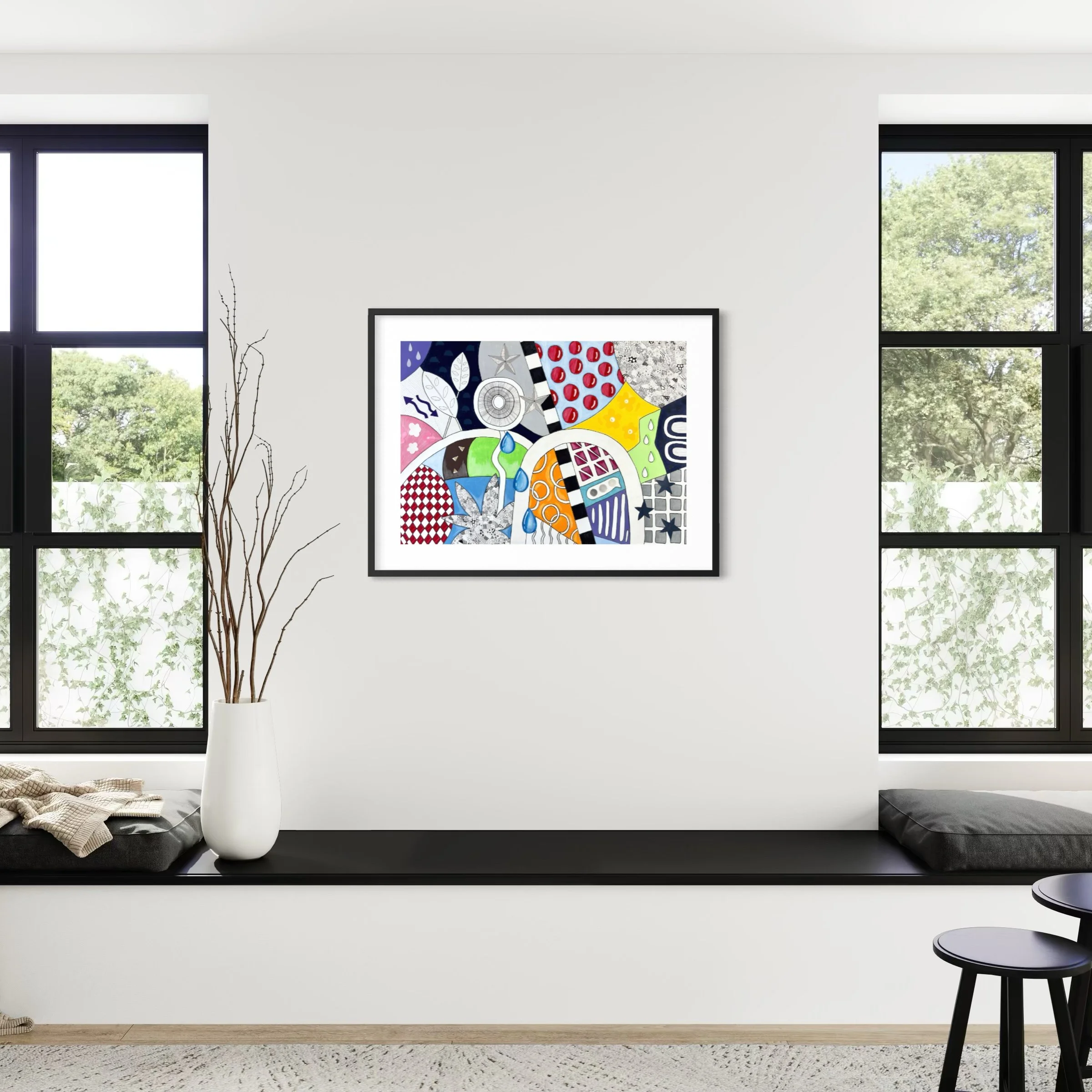 Now, Where Was I?, original mixed-media abstract artwork featuring colourful sections, organic forms, patterns and geometric elements, displayed framed in a modern interior.