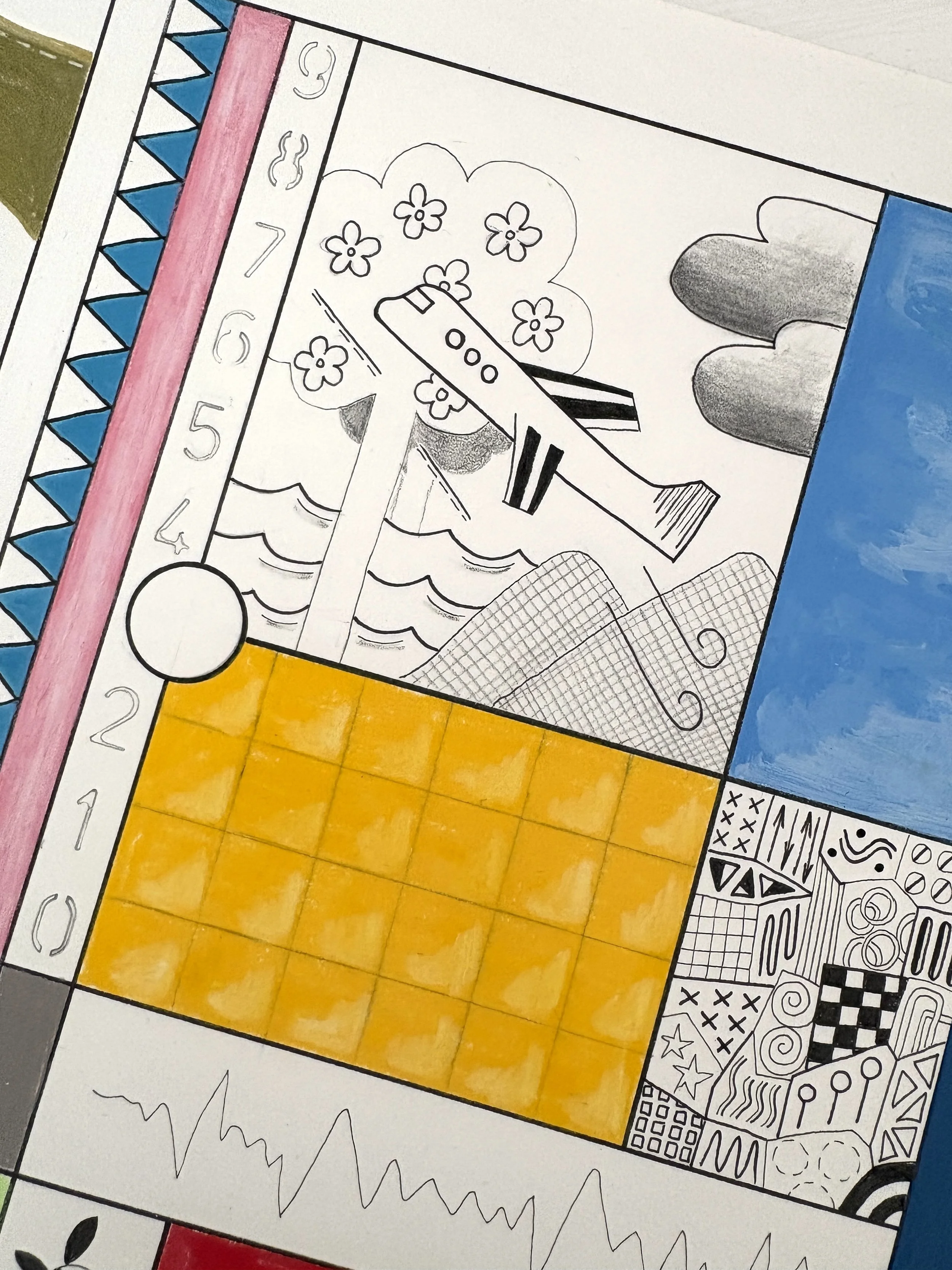 Close-up detail of Conditions Within, original mixed media abstract artwork on A2 paper, featuring black ink borders, colourful sections, pen drawings and symbolic motifs within the composition.