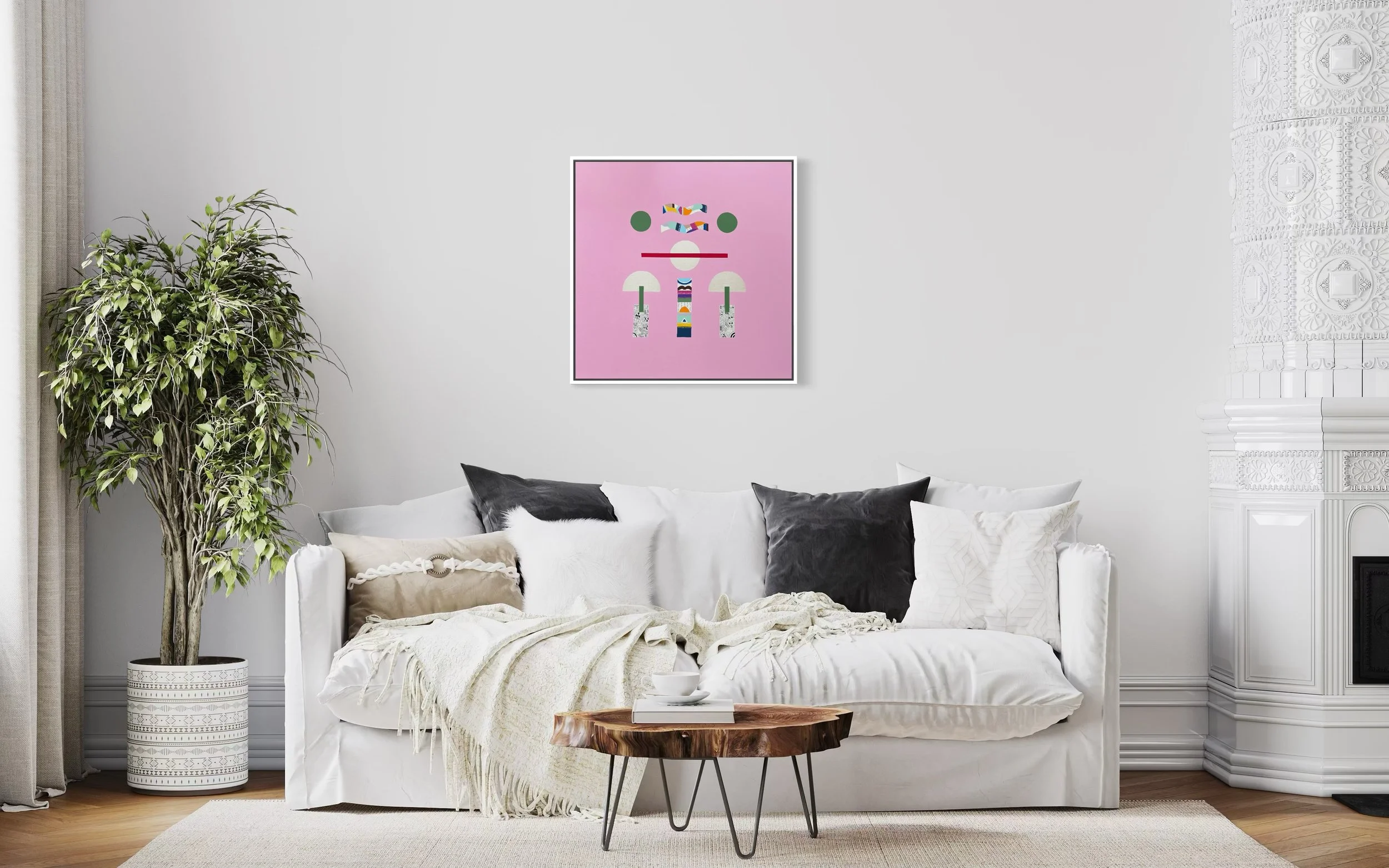 At Cruising Altitude, original mixed media abstract on canvas with a pink background, displayed in a modern living room.