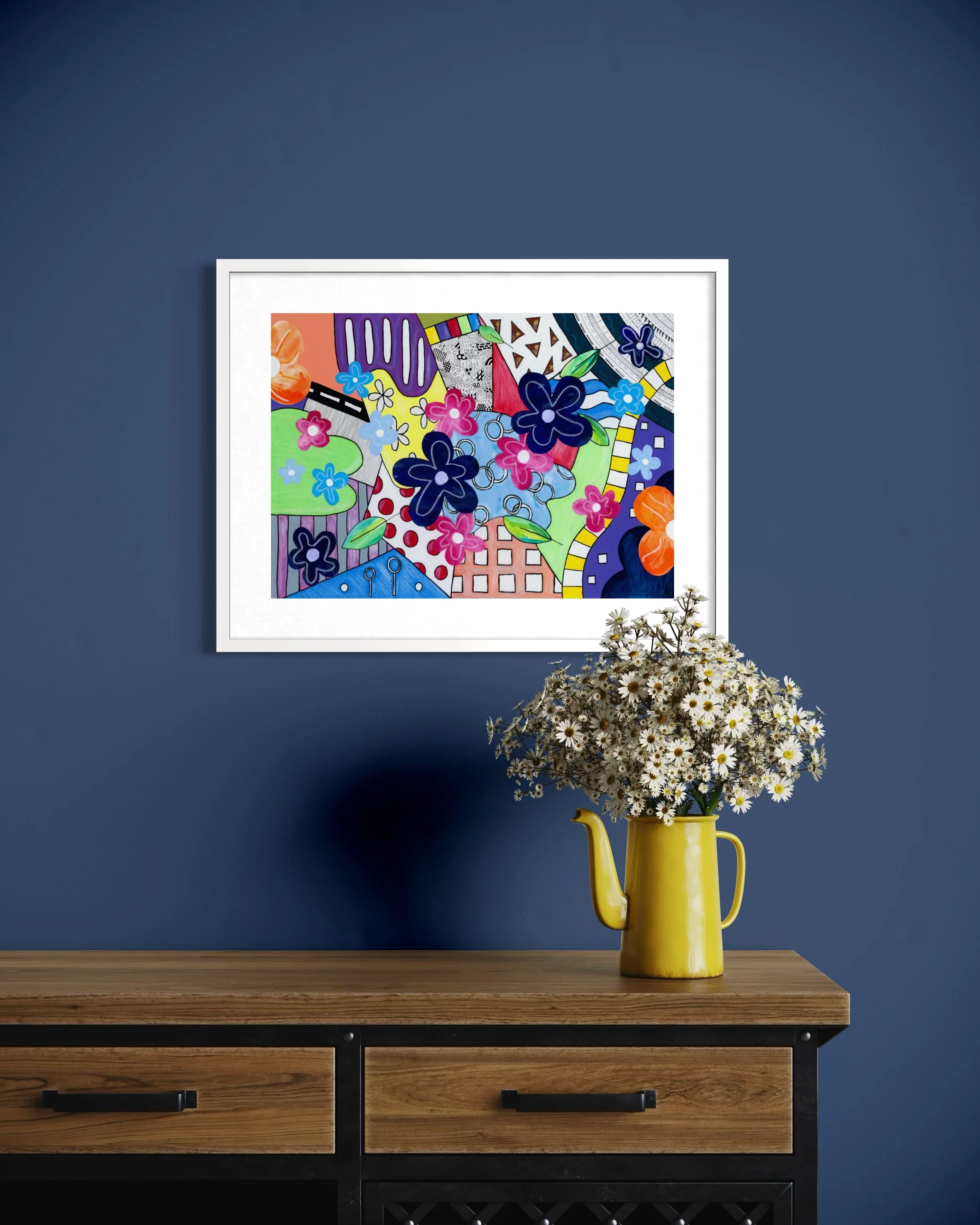 Spring Breeze Overland fine art print in a contemporary interior, featuring bold colour sections, collage flowers, a winding path, road-like form, and playful hand-drawn details.