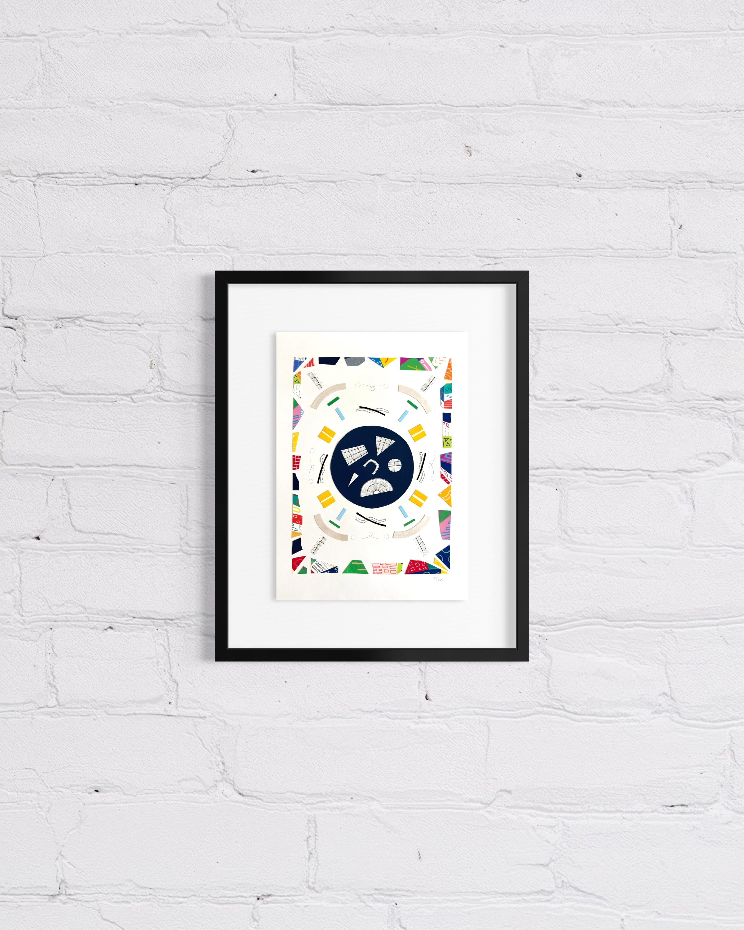 A Measured Arrangement, A3 abstract mixed media collage with central pen drawings and painted fragments, framed by a border of acrylic marker and gel pen pieces framed and displayed on a white wall.