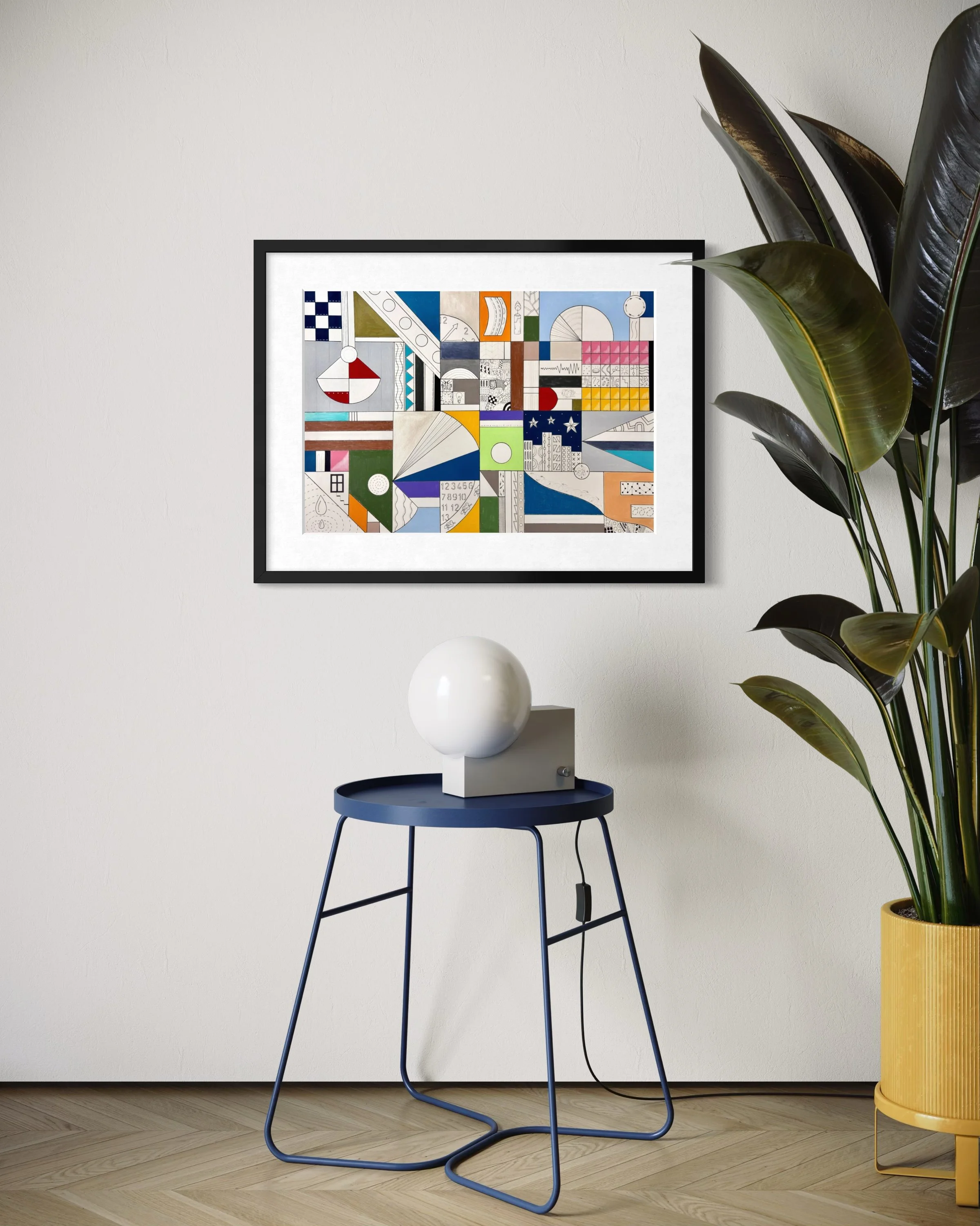 Night Mind, original mixed media abstract artwork on A2 paper featuring a structured composition with black ink borders, colour, pen doodles and symbolic motifs, displayed framed in a modern interior.
