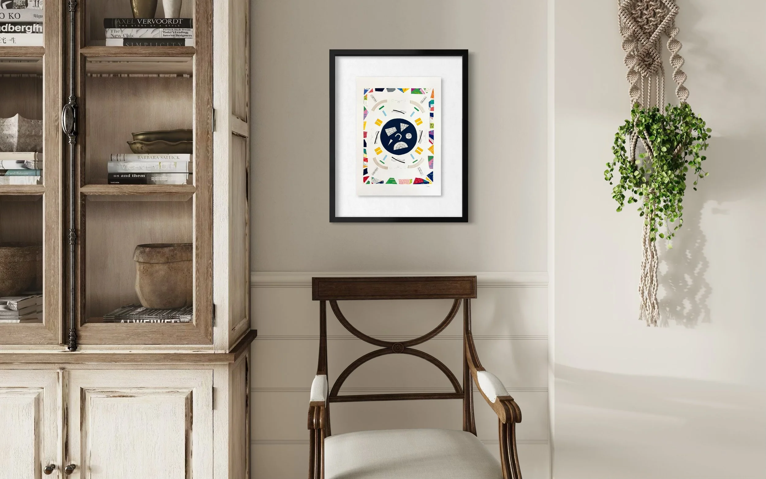 A Measured Arrangement, A3 abstract mixed media collage with central pen drawings and painted fragments, framed by a border of acrylic marker and gel pen pieces framed and displayed above a chair.