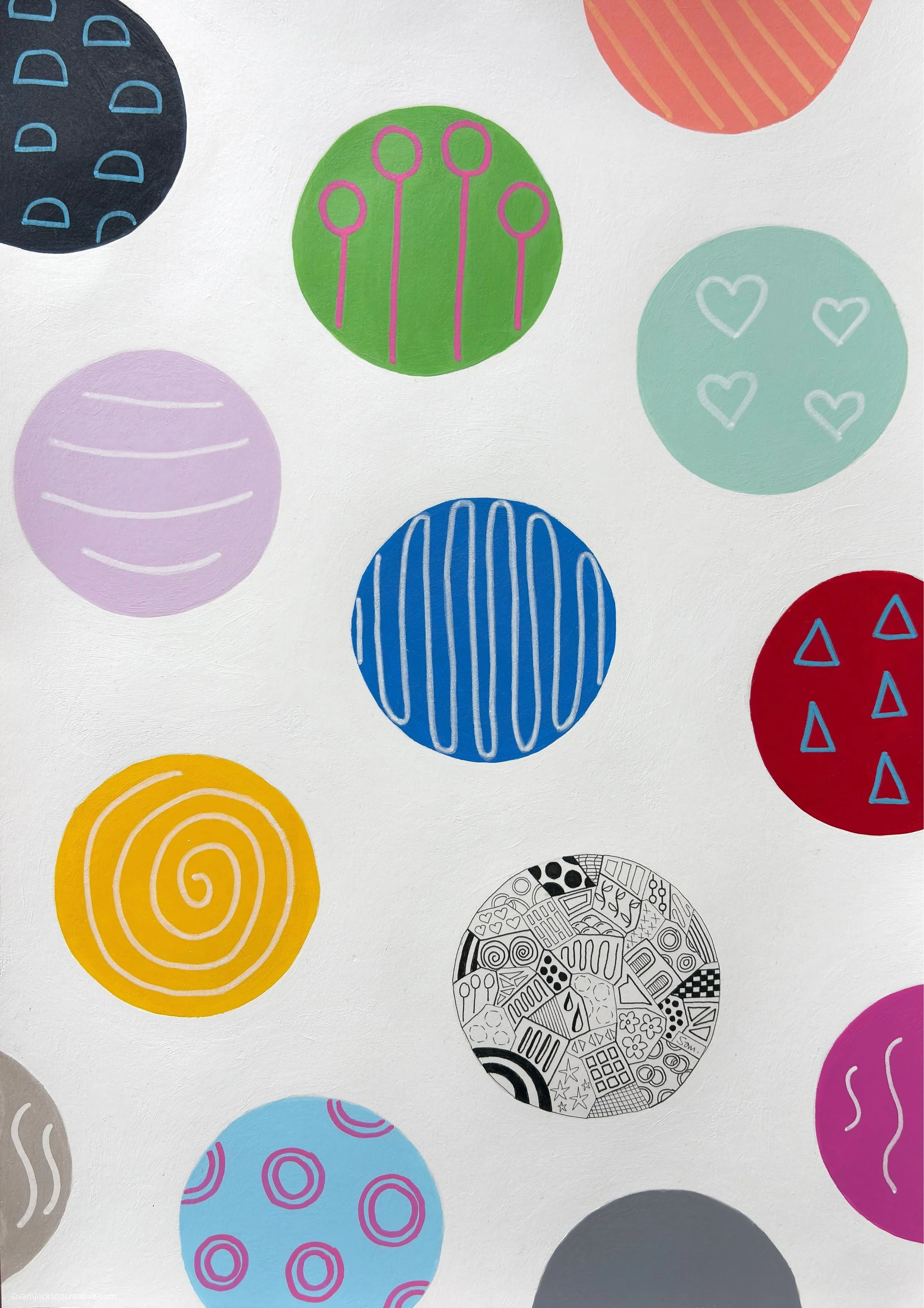 Dots And Doodles by Sam Jackson, pen, paint pen, and acrylic paint on paper.