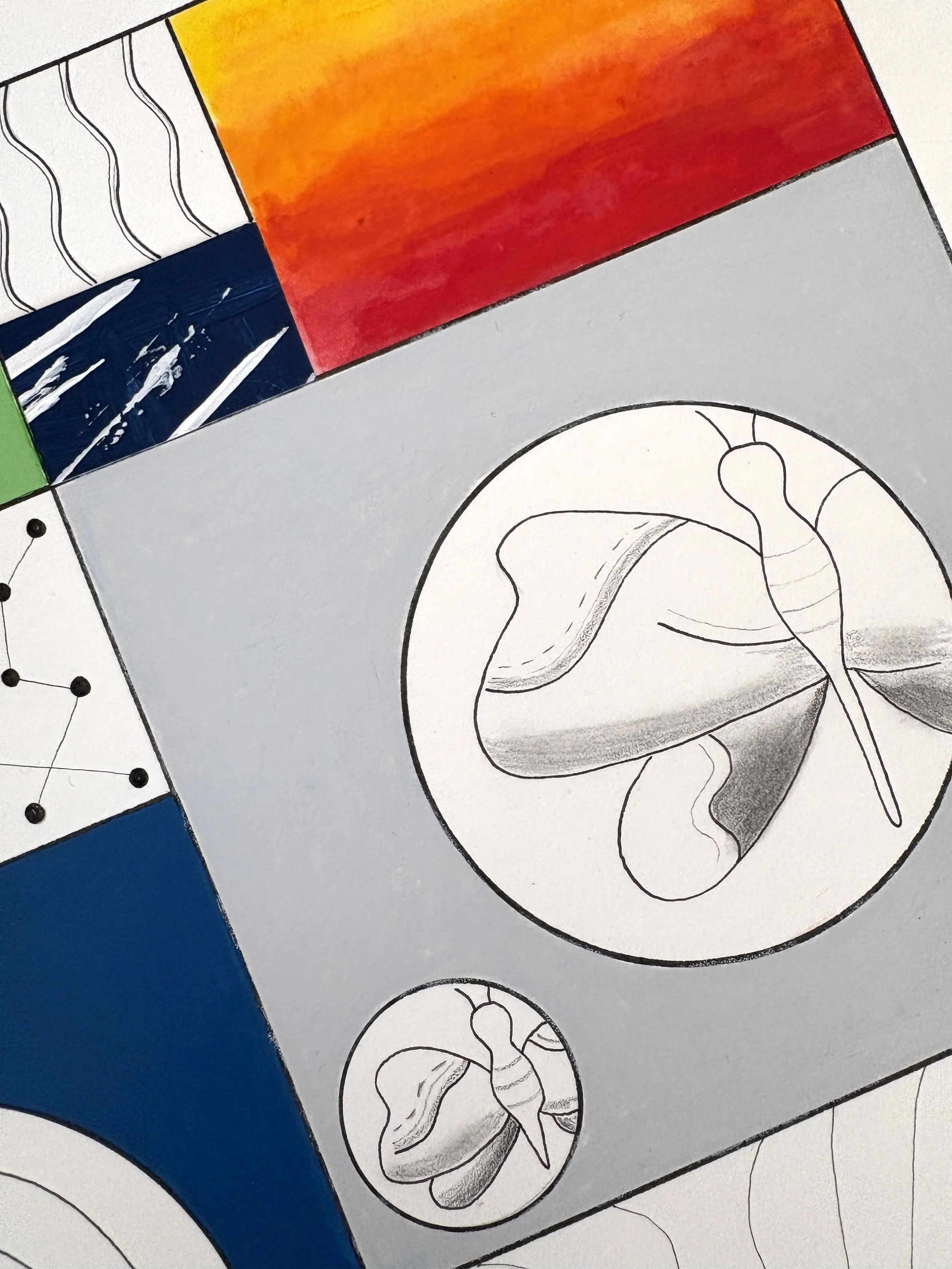 Close-up detail of Conditions Within, original mixed media abstract artwork on A2 paper, featuring black ink borders, colourful sections, pen drawings and symbolic motifs within the composition.