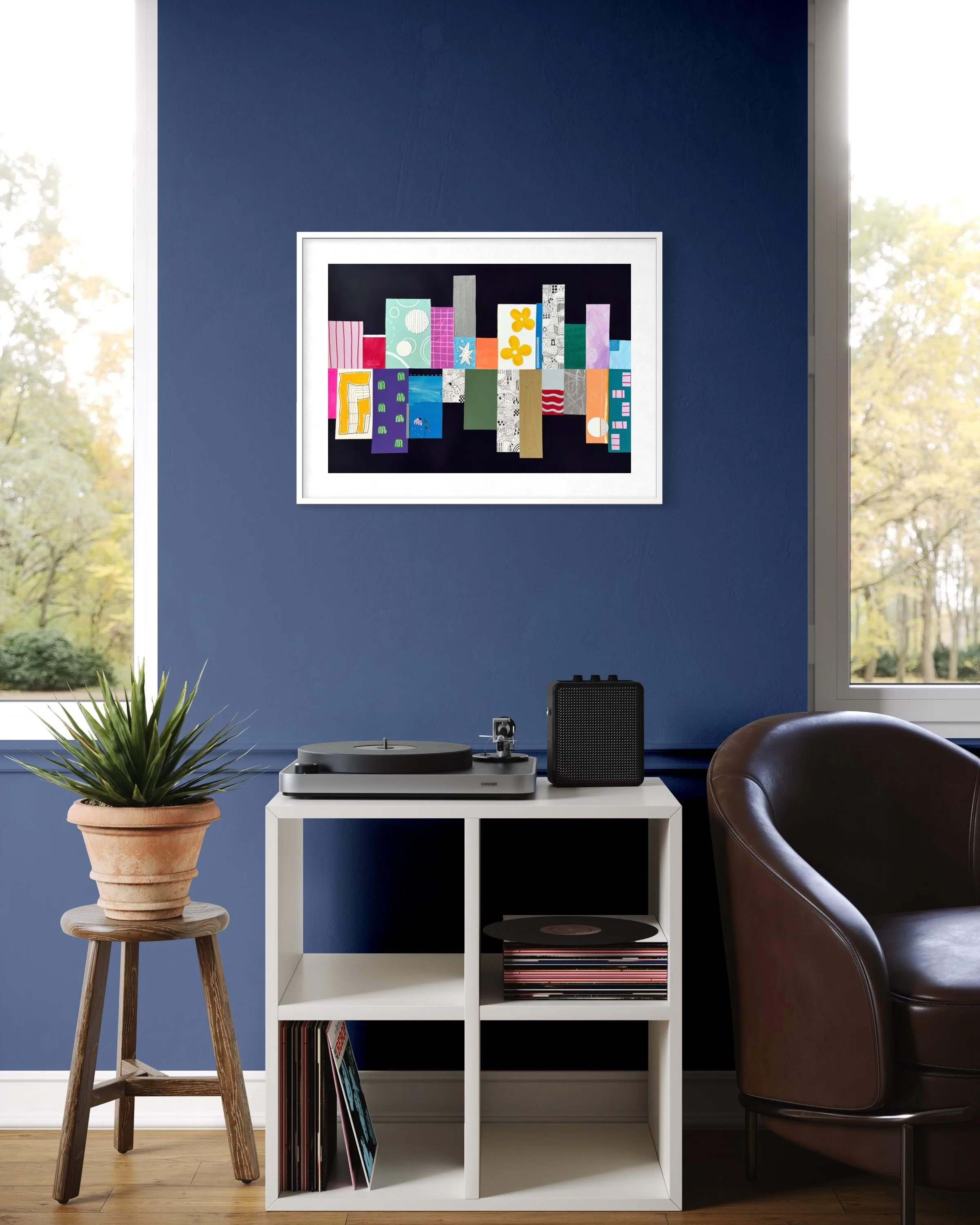 Highs And Lows, original mixed-media abstract artwork featuring colourful sections, expressive marks, geometric forms and contrasting elements, displayed framed in a modern interior.