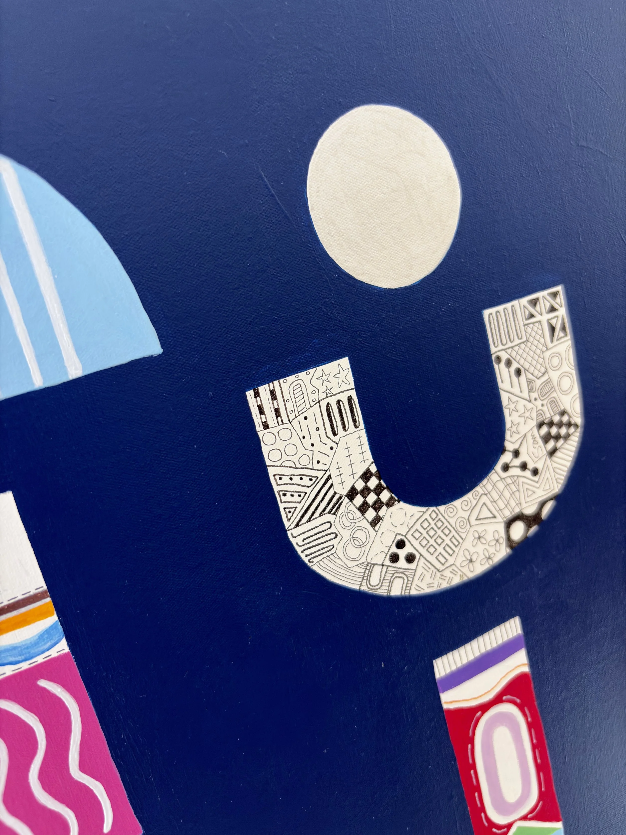 Close-up detail of Upward Turn, original abstract artwork on canvas, showing a vertical arrangement of geometric forms on a blue background.