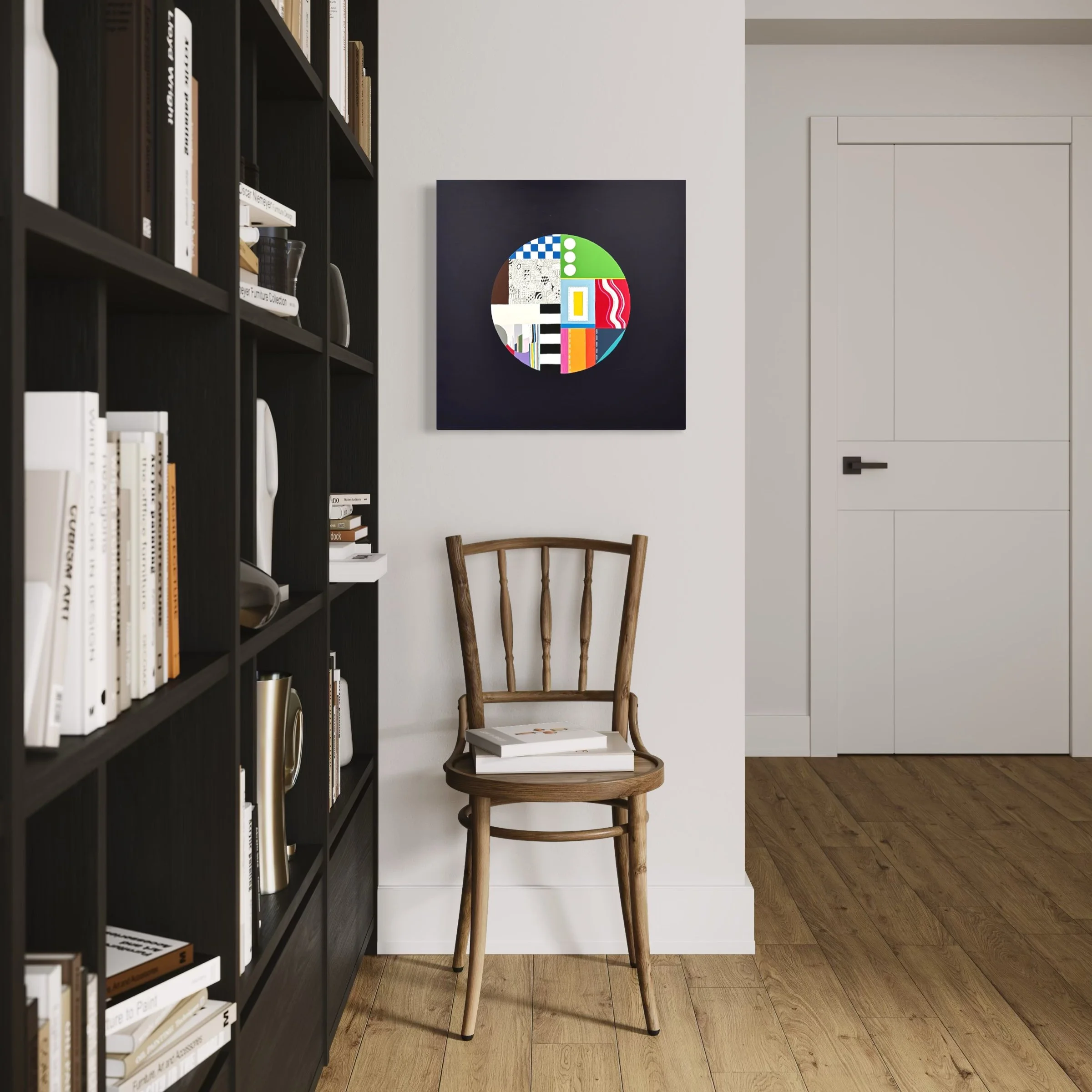 In a Roundabout Way, original mixed media abstract artwork featuring a circular composition, colour, patterns and geometric elements, displayed in a modern interior.