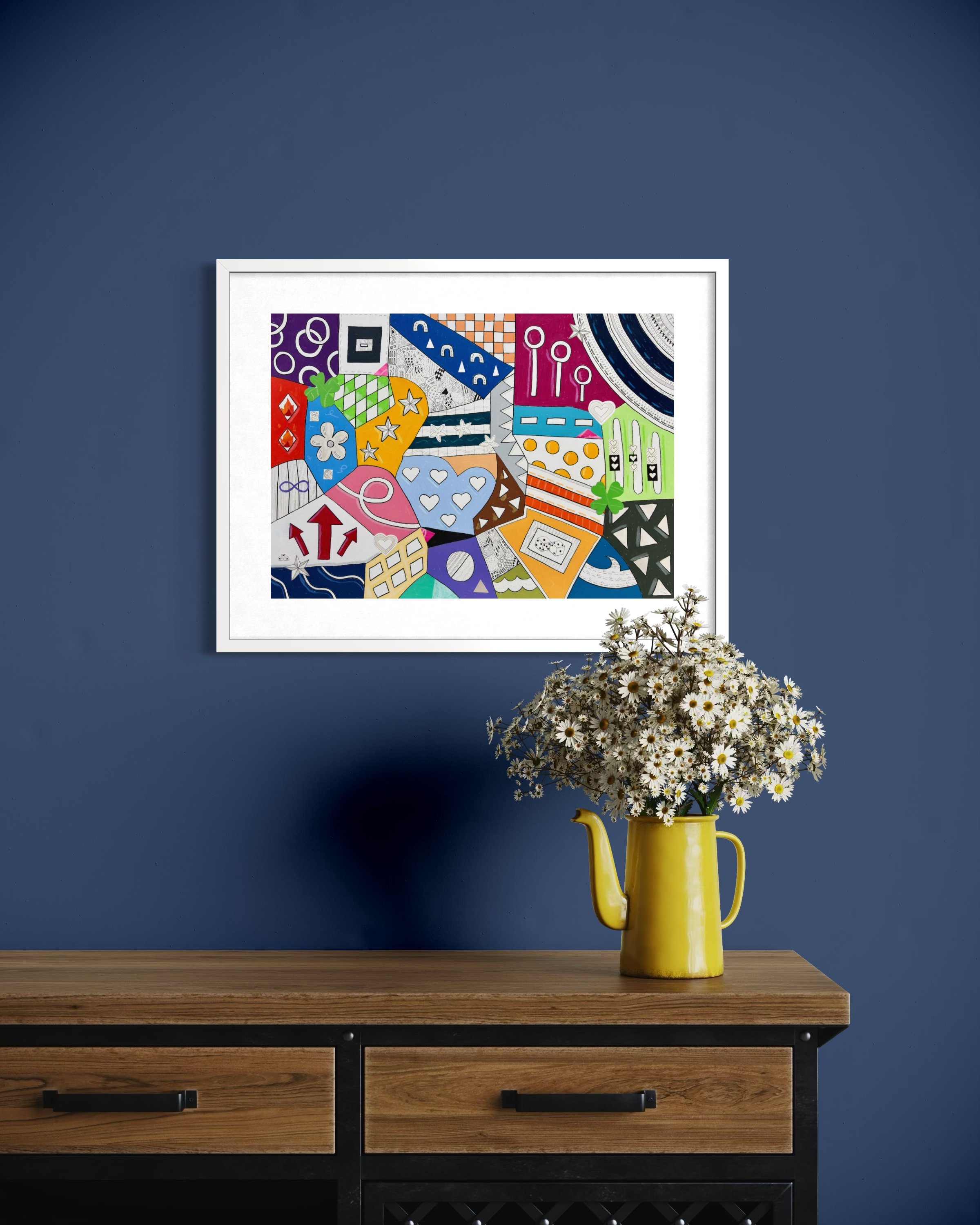 A2 mixed media artwork titled Devotion and Chance, colourful abstract composition displayed framed in a modern interior.