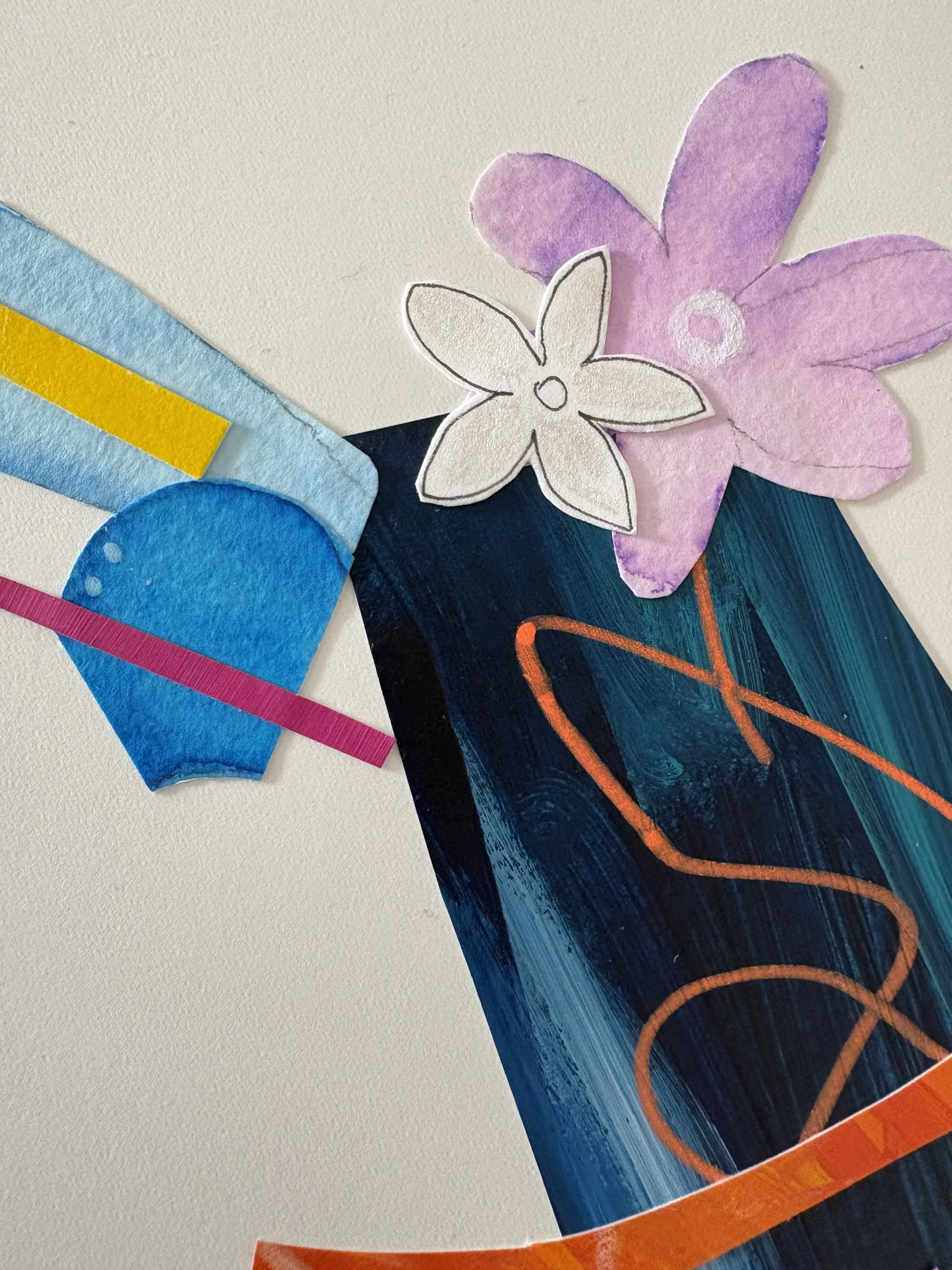 Close-up detail of Bright Interruption, original mixed media collage on A3 paper featuring layered fragments, expressive marks, and bold abstract colour.