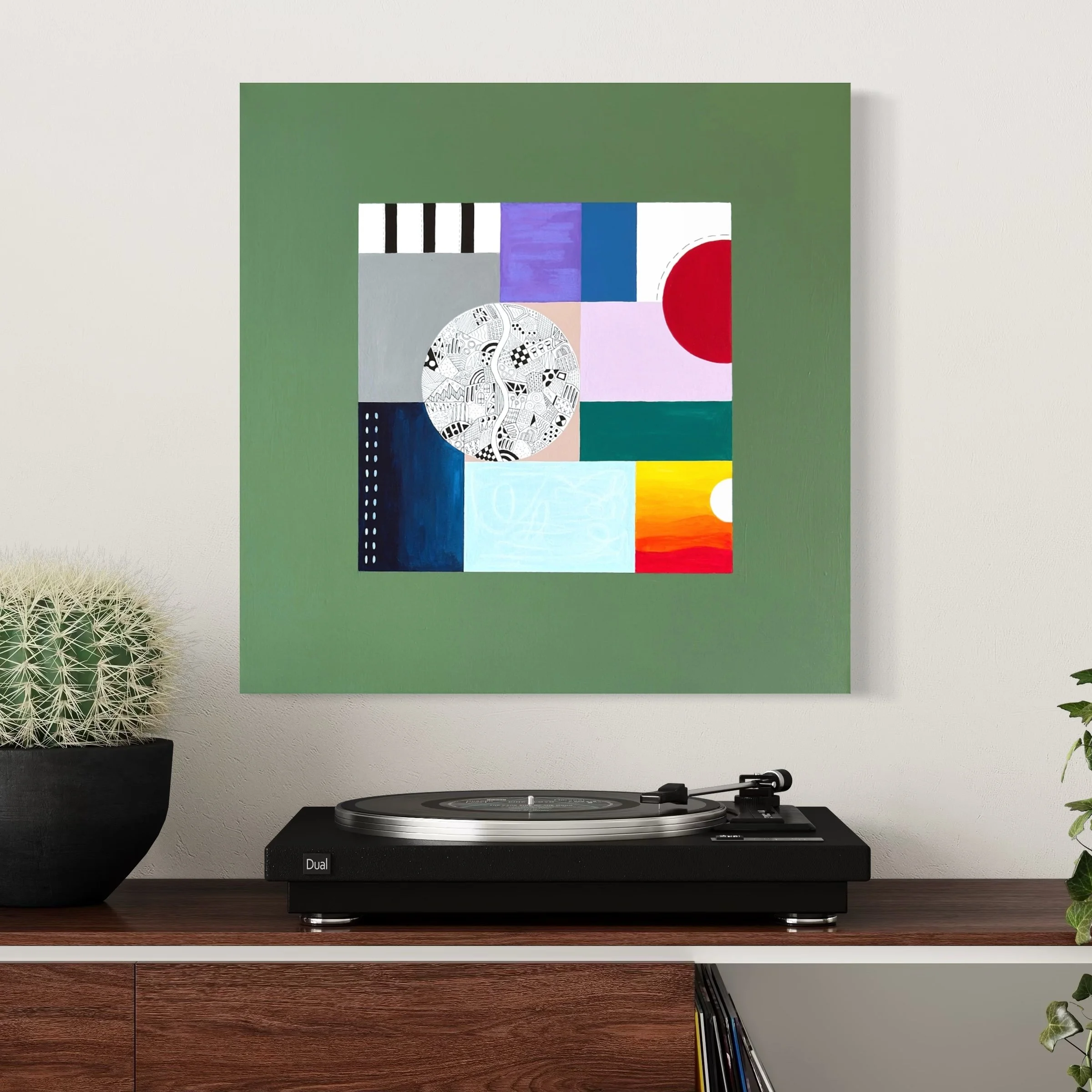 Tomorrow, original mixed media abstract artwork displayed in a modern interior, exploring uncertainty, change and hope through colour and structure.
