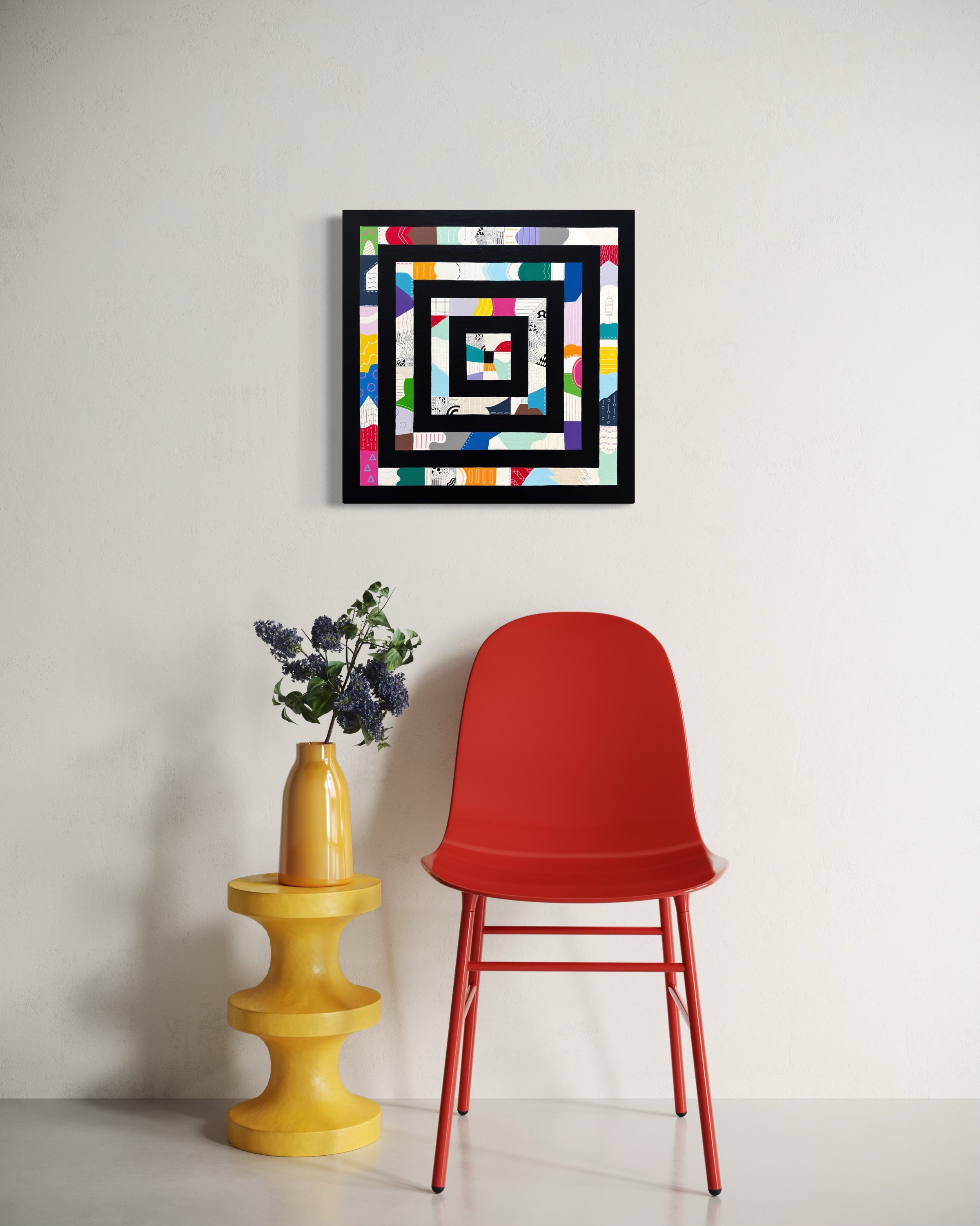Freedom Within Boundaries, original abstract artwork on canvas featuring nested square frames in Paynes grey filled with bold, playful patterns and colour, styled above a red chair and yellow table.