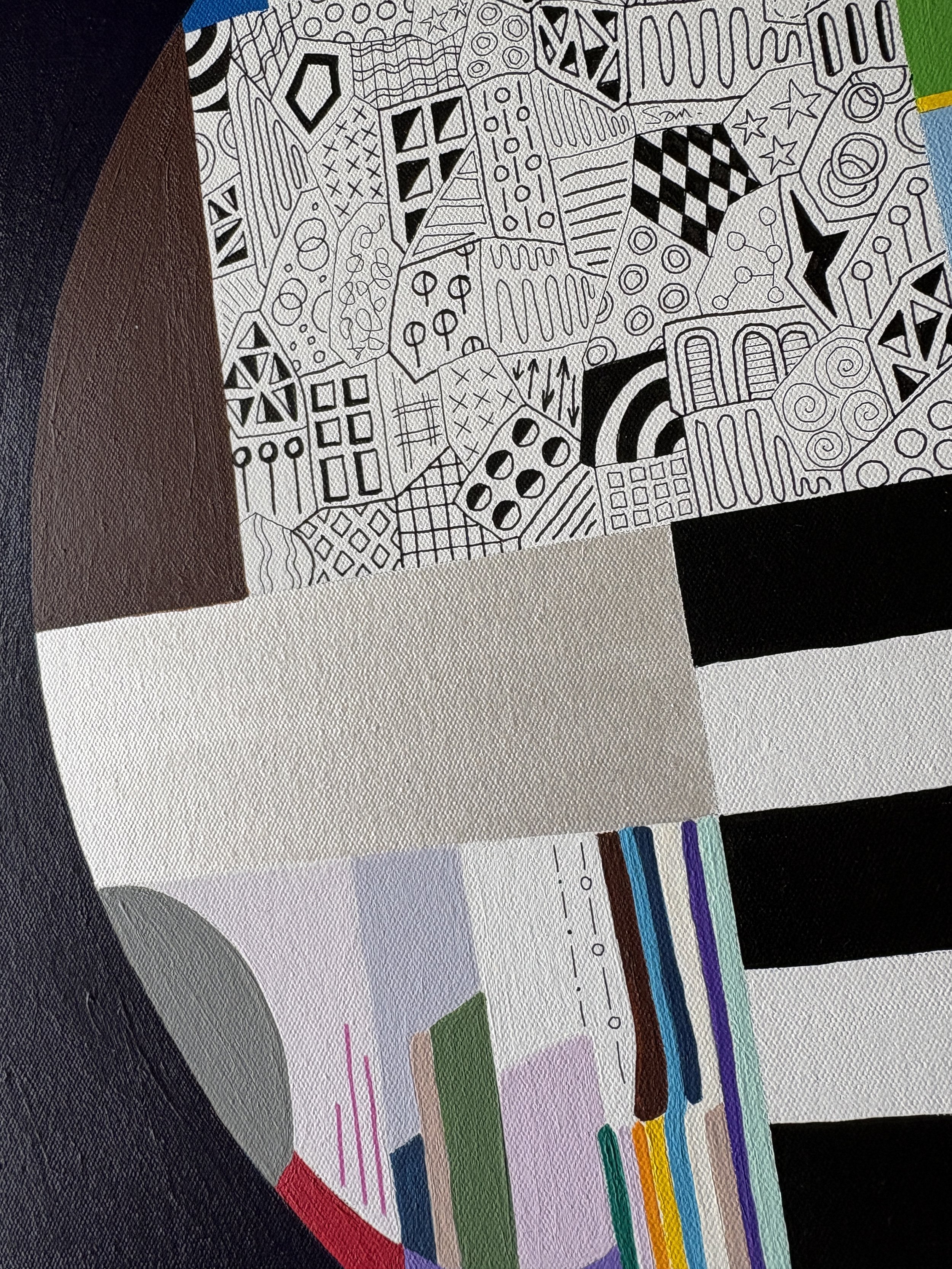 Close-up detail of In a Roundabout Way, original mixed media abstract artwork featuring contrasting sections of colour, pattern, doodled marks and geometric elements.