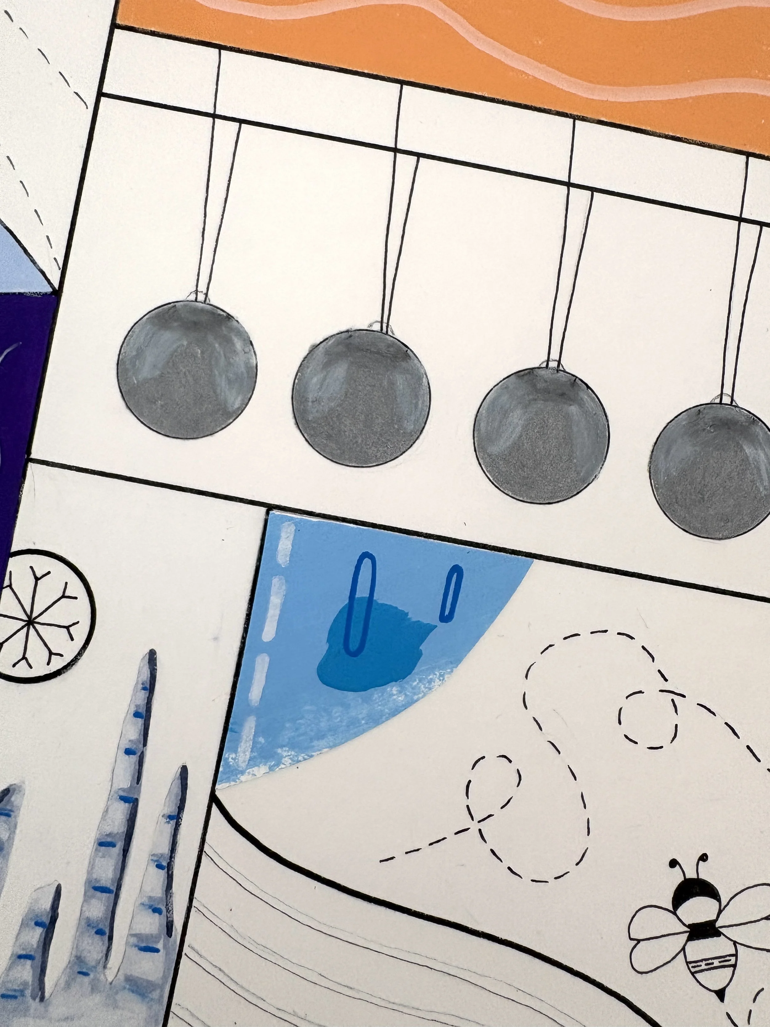 Close-up detail of Conditions Within, original mixed media abstract artwork on A2 paper, featuring black ink borders, colourful sections, pen drawings and symbolic motifs within the composition.