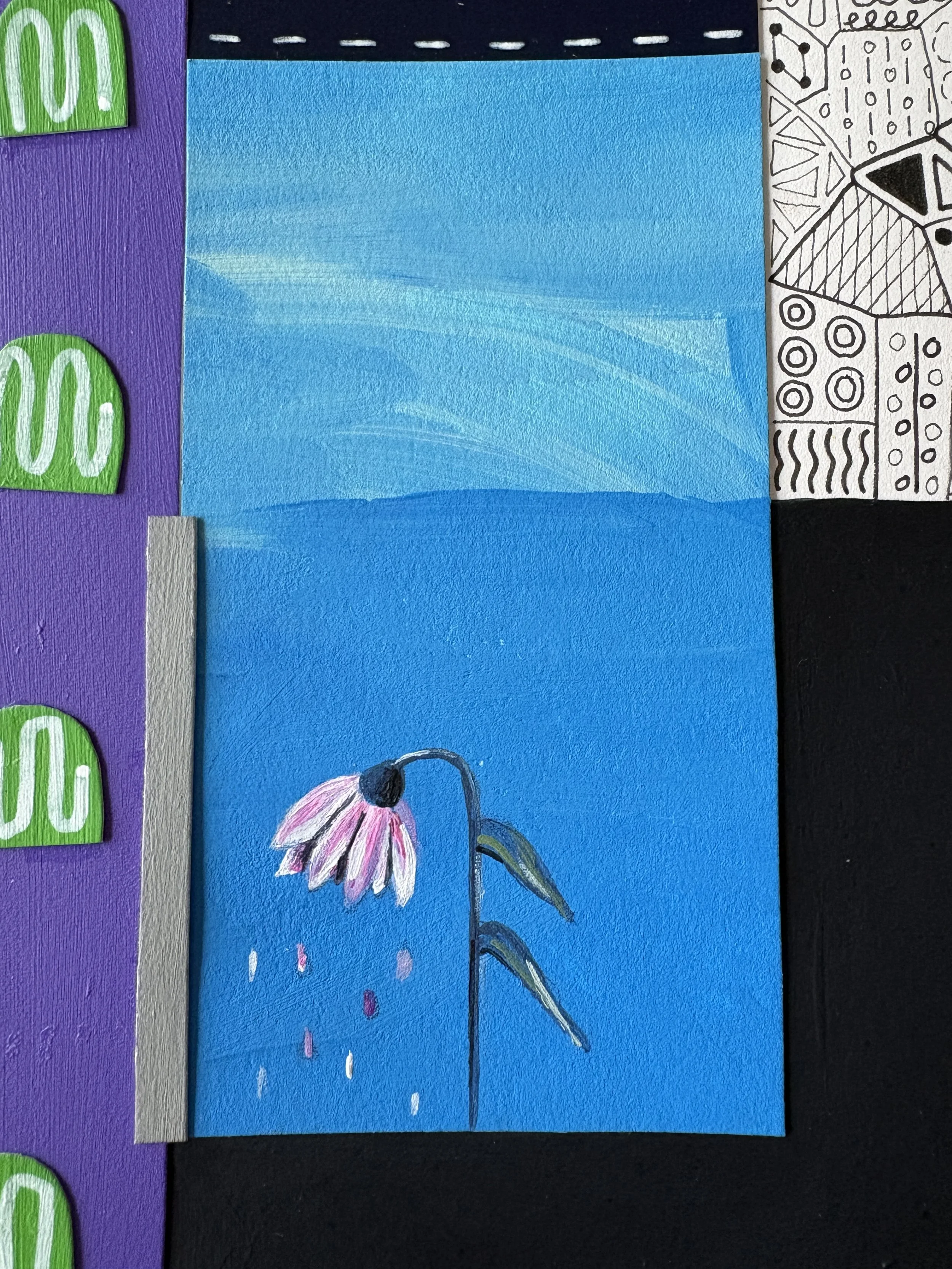 Close-up detail of Highs And Lows, original mixed-media abstract artwork featuring colourful sections, expressive marks, geometric forms and contrasting elements.