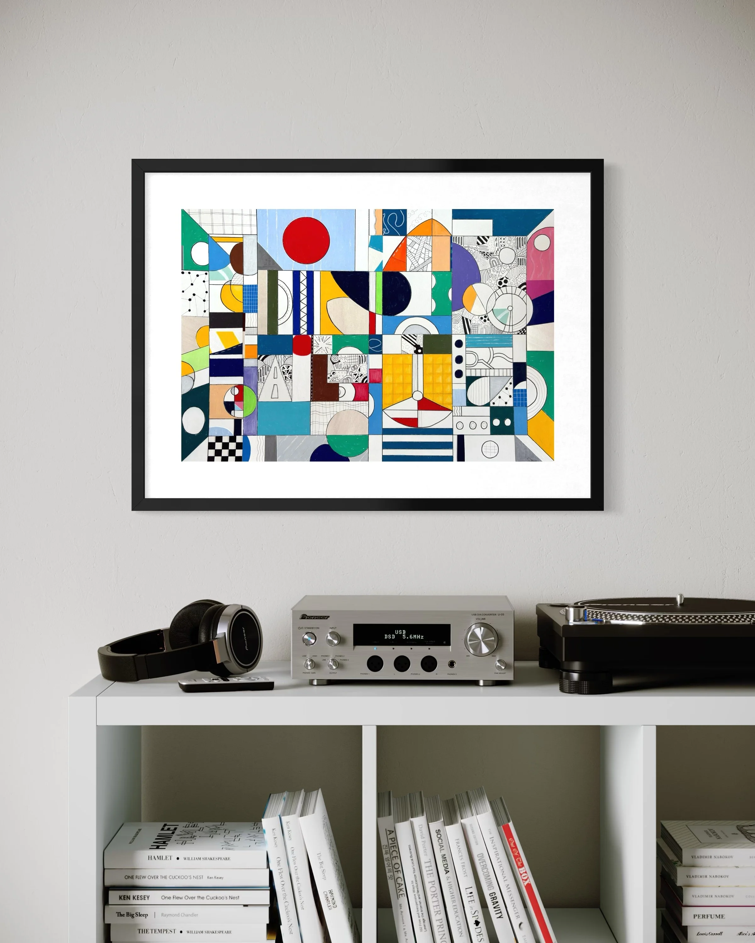 Inner Infrastructure, original mixed media on A2 paper with geometric and abstract forms, colour blocks, patterns and hand-drawn marks, styled in a modern interior.