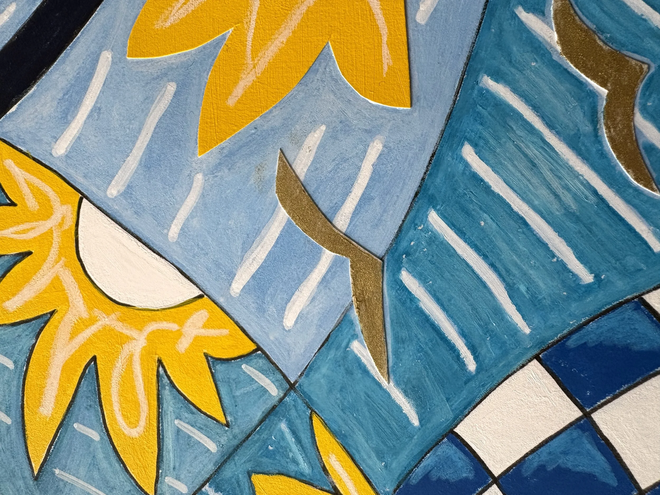 Close-up detail of Dancing In The Car Yard, original mixed media artwork featuring bold oil pastel, acrylic paint, pen doodles, patterned forms and vibrant colour.