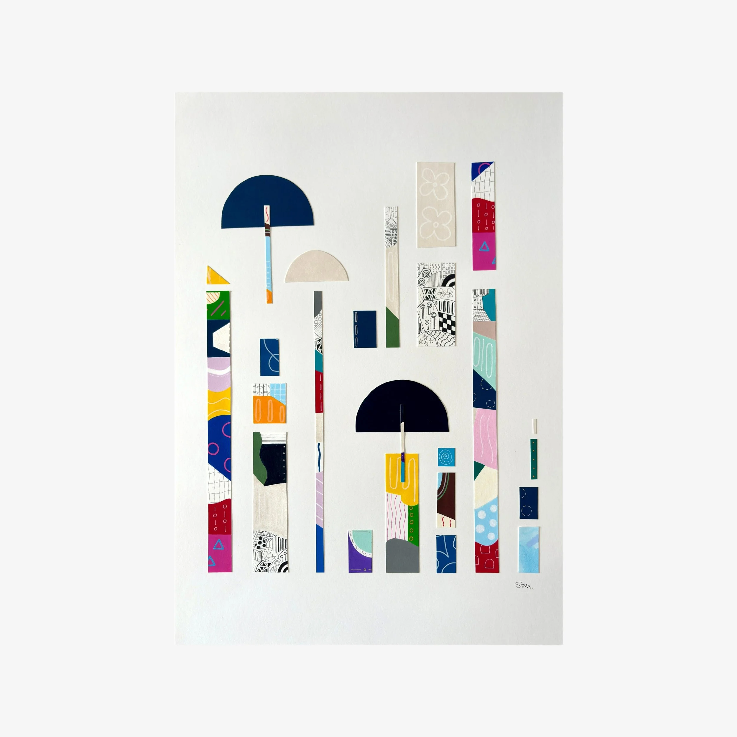 Between Play and Order, original mixed media artwork on A2 paper featuring hand-drawn marks, colour, geometric forms, and pattern arranged within a structured composition.
