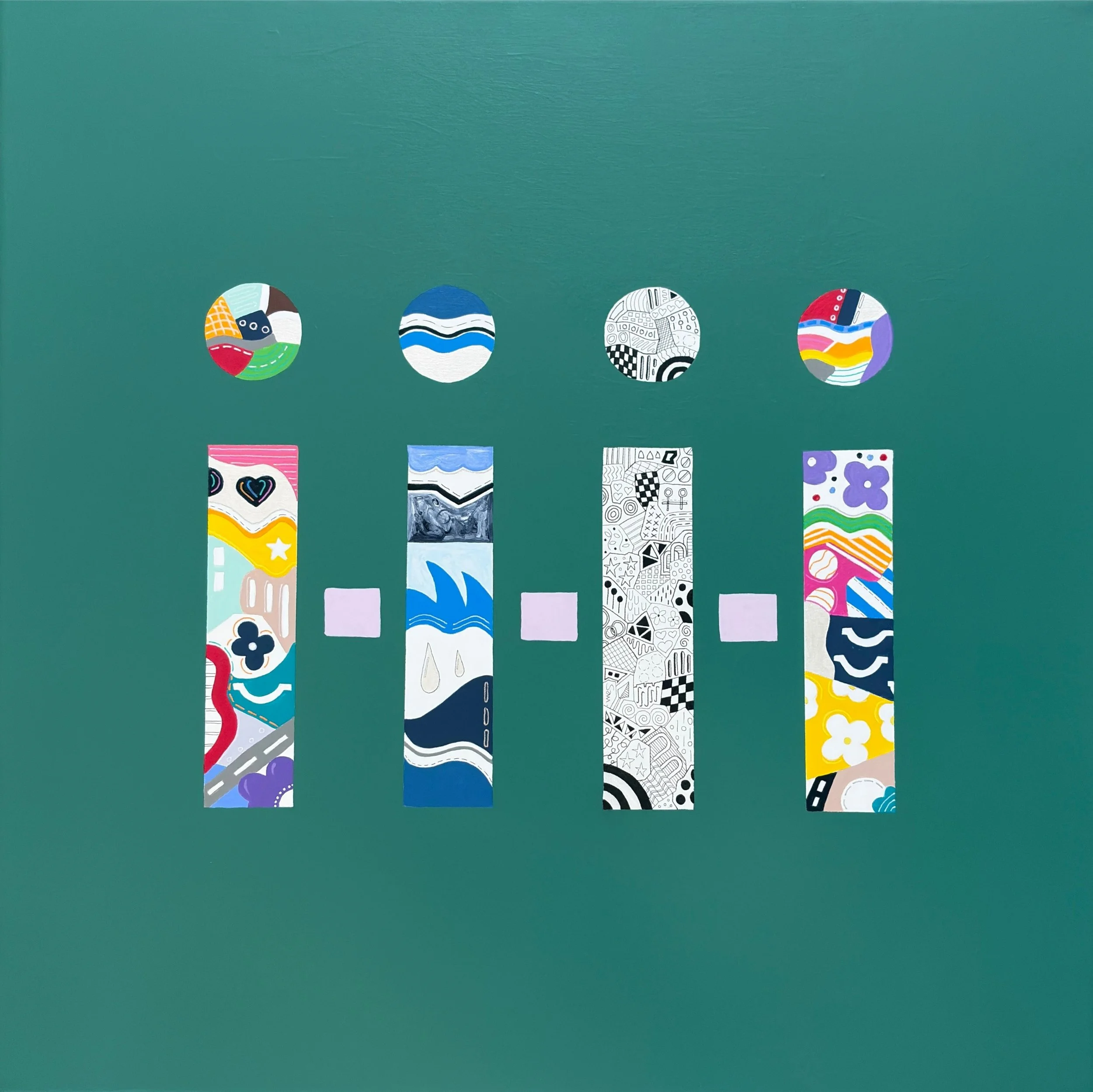 Being There, original abstract artwork on canvas, depicting four vertical rectangles with circles above and pink squares between, symbolising standing alongside someone during difficult times.