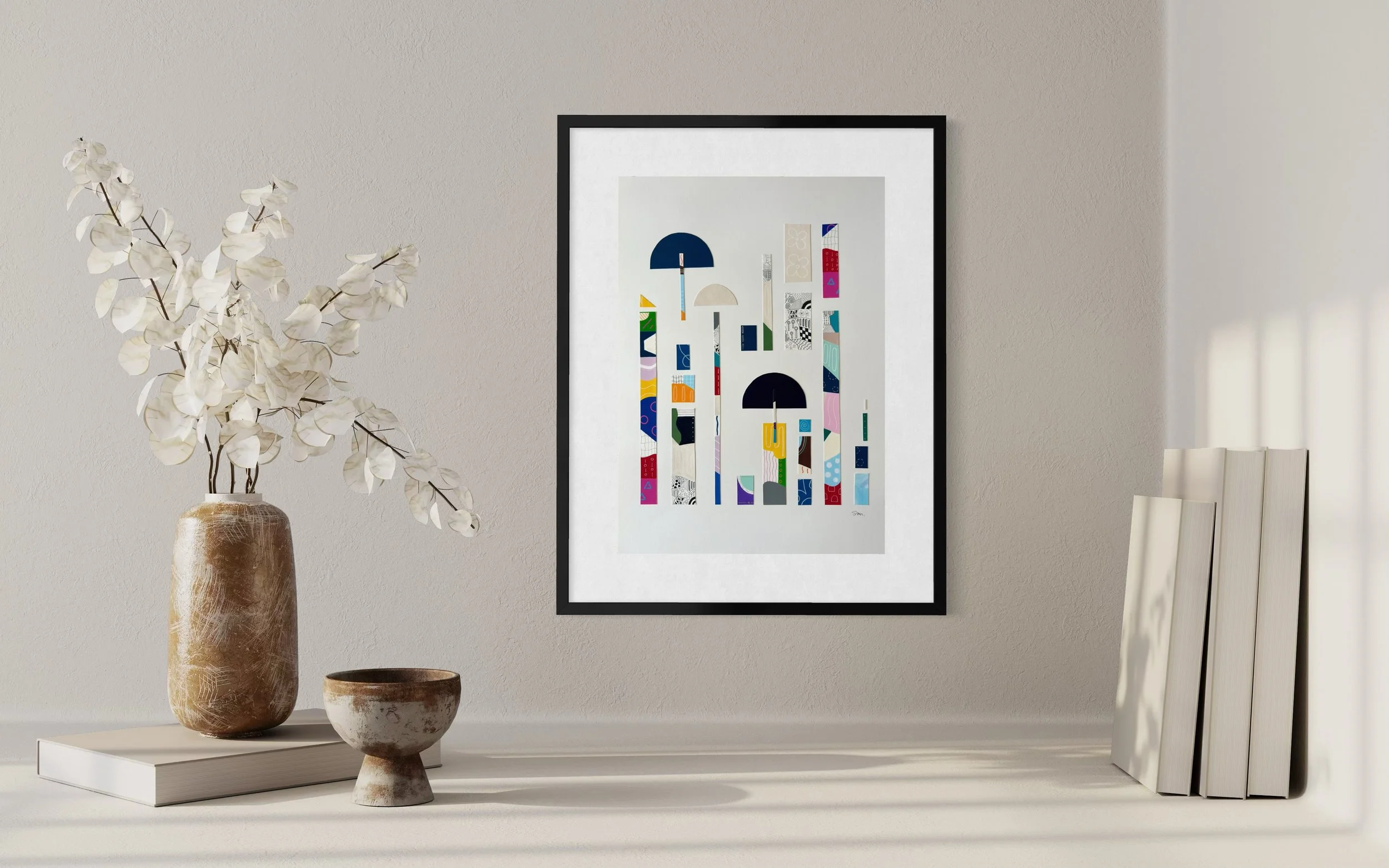 Between Play and Order, original mixed media on A2 paper with geometric and abstract forms, colour, pattern, and hand-drawn marks, styled in a modern interior.