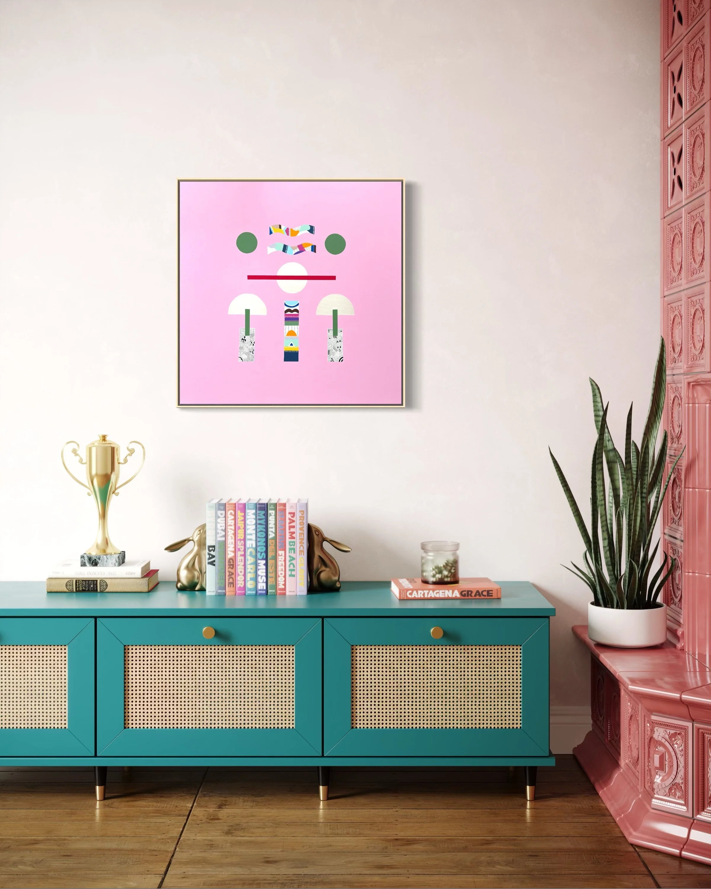 At Cruising Altitude, original mixed media abstract on canvas with a pink background, displayed in a modern living room above a sideboard.