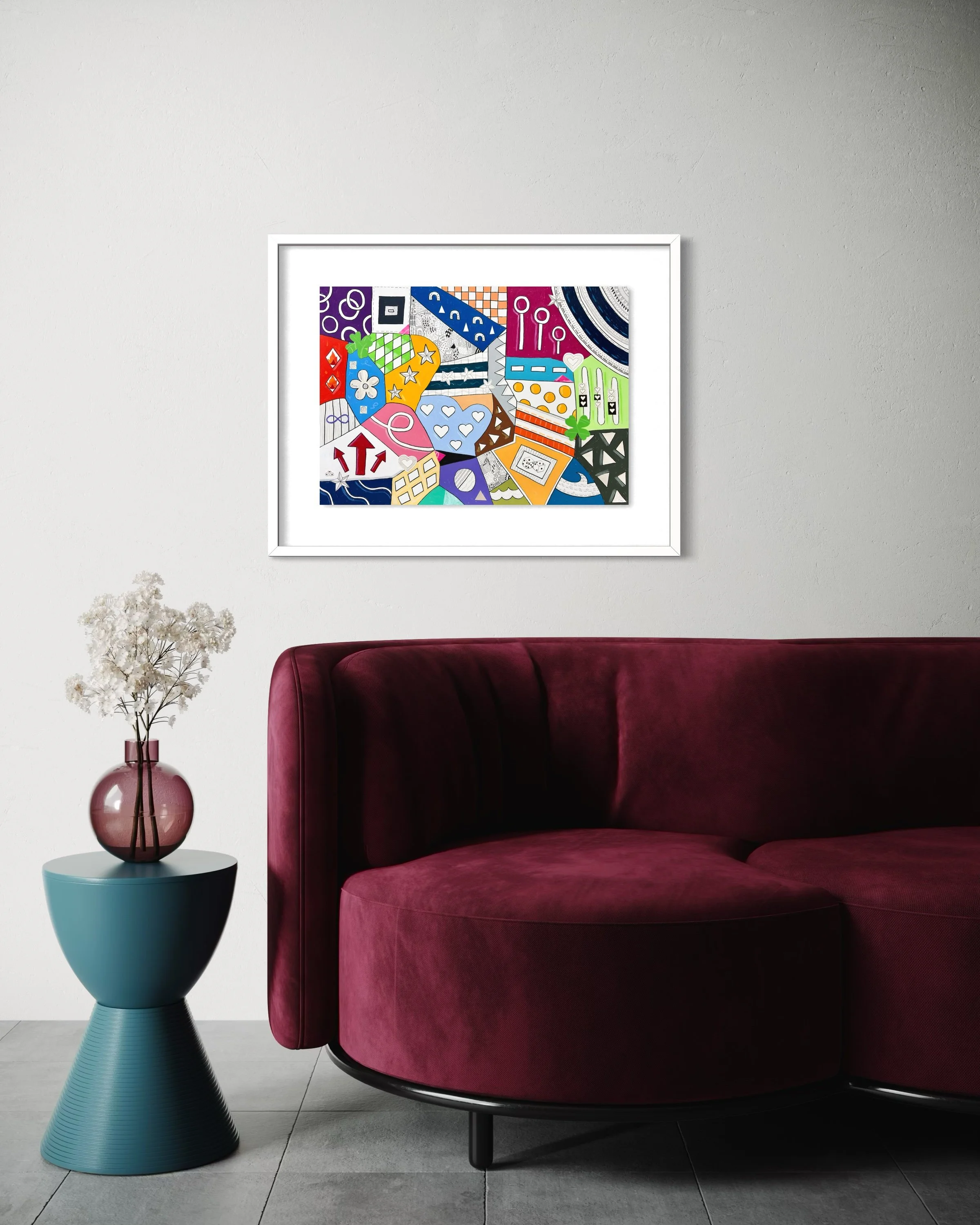 A2 mixed media artwork titled Devotion and Chance, colourful abstract composition displayed framed above a sofa in a modern living room.