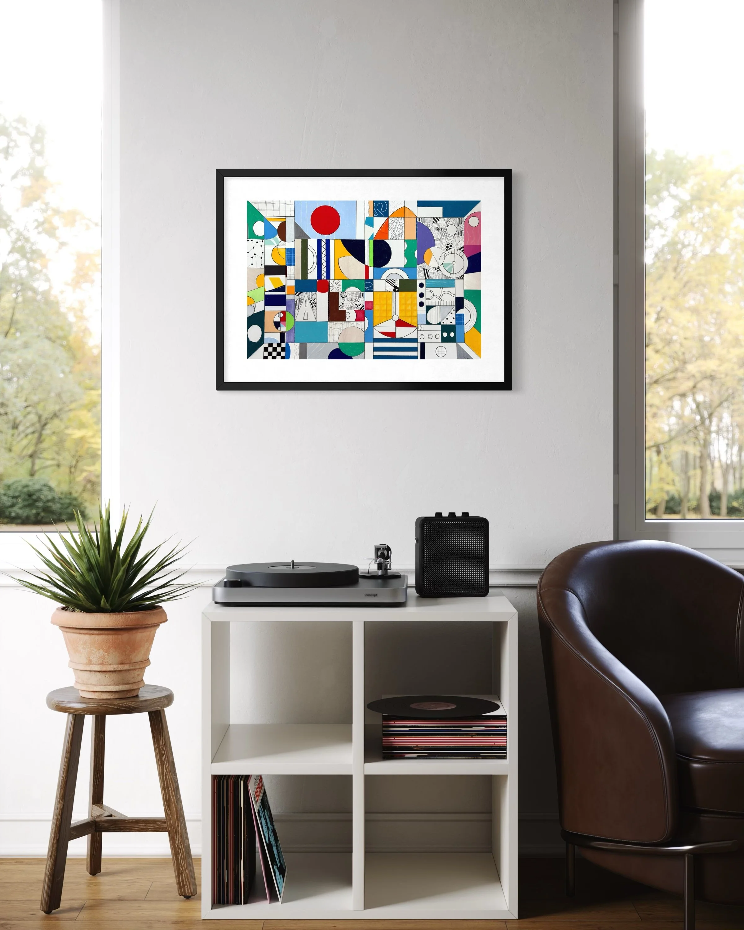 Inner Infrastructure, original mixed media on A2 paper with geometric and abstract forms, colour blocks, patterns and hand-drawn marks, styled in a modern interior.