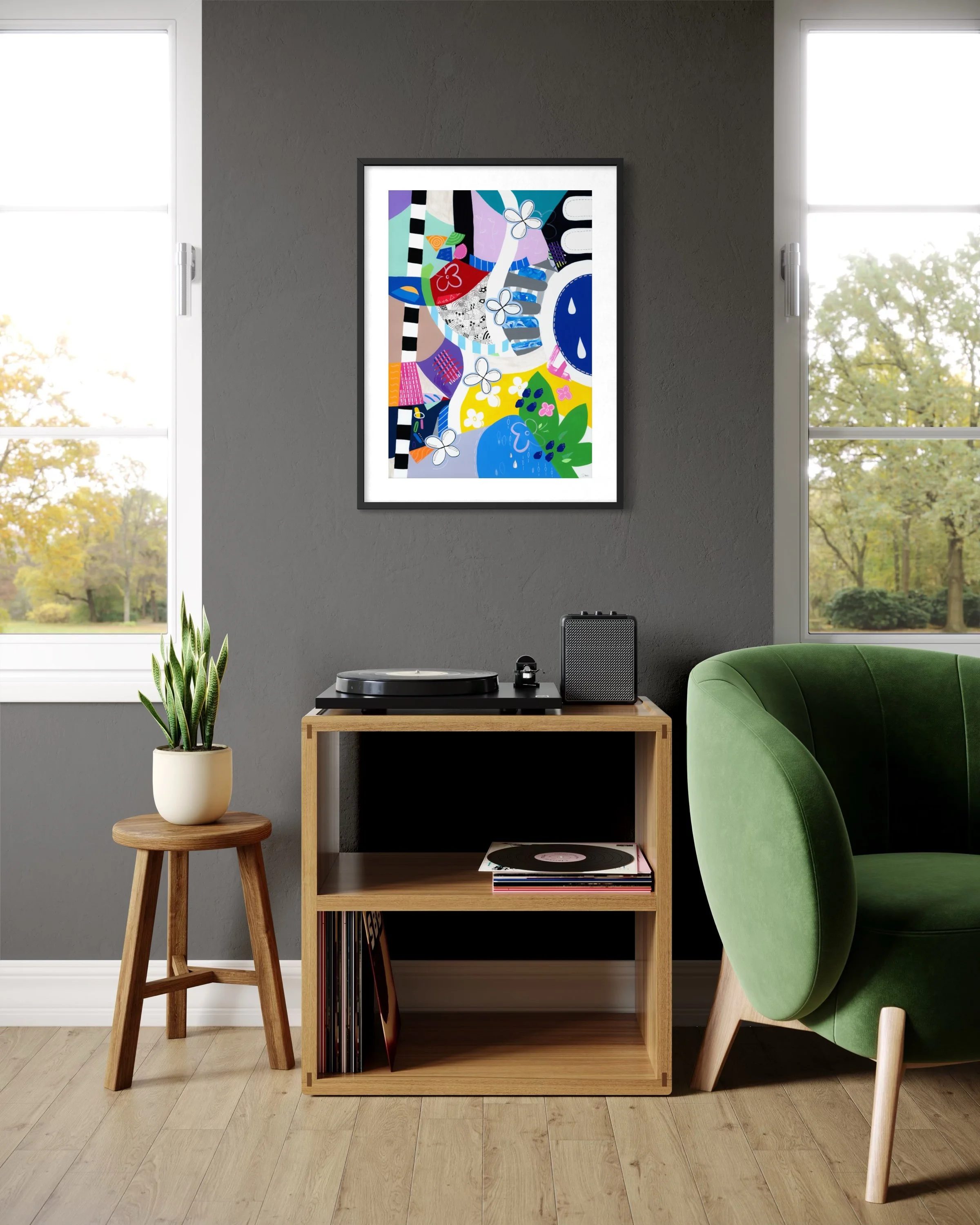 Crossing Currents, mixed media fine art print by Sam Jackson, displayed in a contemporary interior setting.