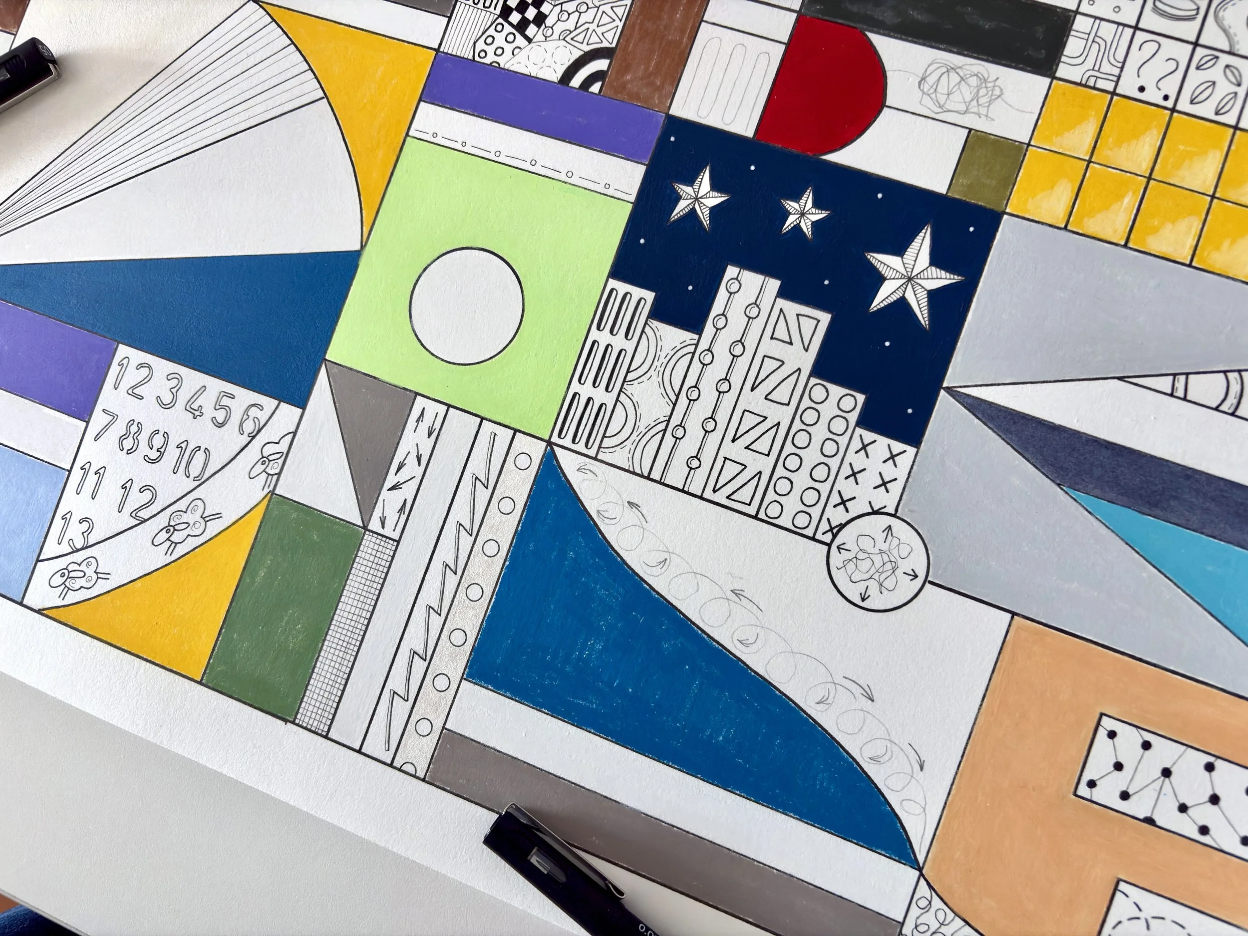 Close-up detail of Night Mind, original mixed media abstract artwork on A2 paper, featuring black ink borders, colourful sections, pen doodles and symbolic motifs within the composition.